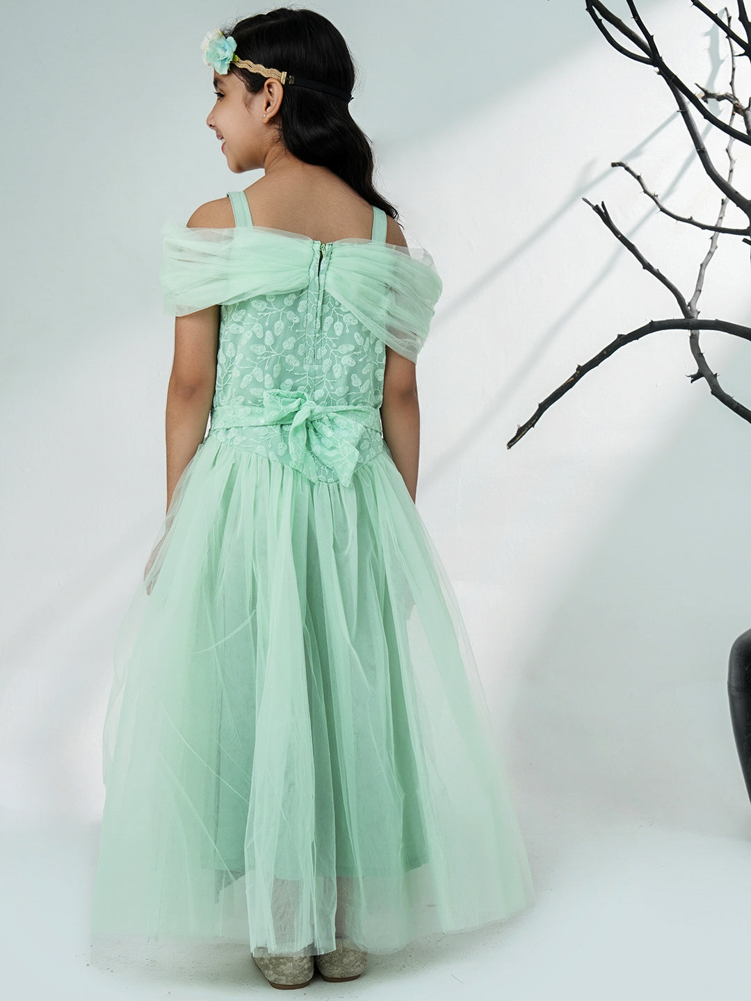 Aj Dezines Sea Green Net Sleeveless Embroidered Gown with Brooch