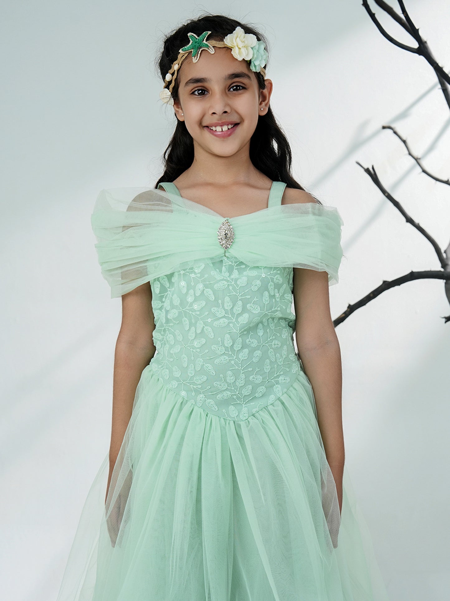 Aj Dezines Sea Green Net Sleeveless Embroidered Gown with Brooch