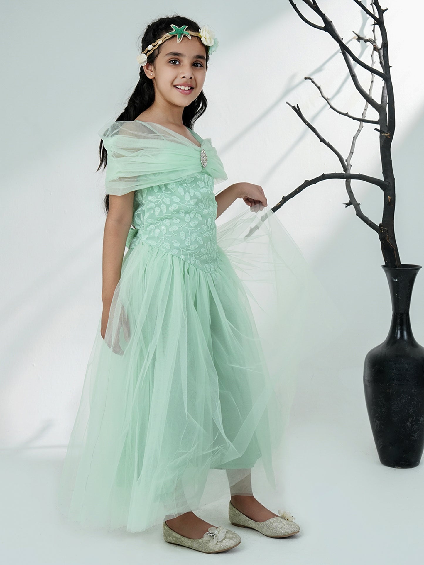 Aj Dezines Sea Green Net Sleeveless Embroidered Gown with Brooch