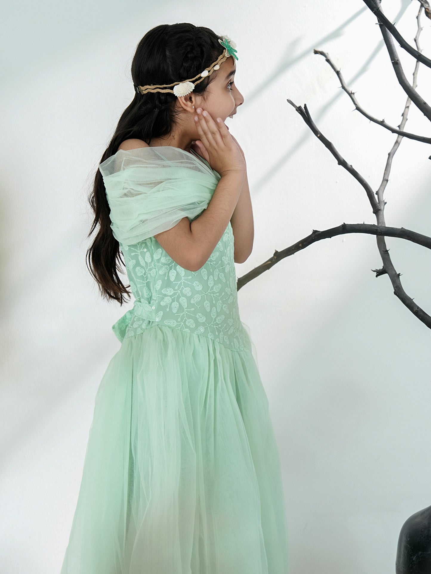 Aj Dezines Sea Green Net Sleeveless Embroidered Gown with Brooch
