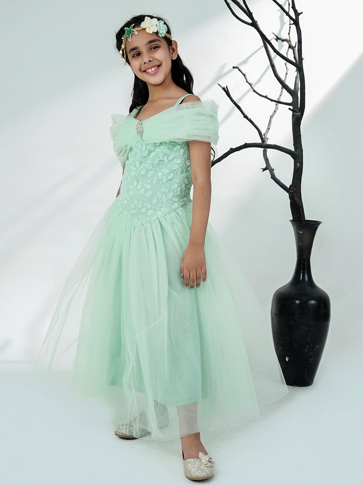 Sea Green Net Sleeveless Embroidered Gown with Brooch - AJ Dezines
