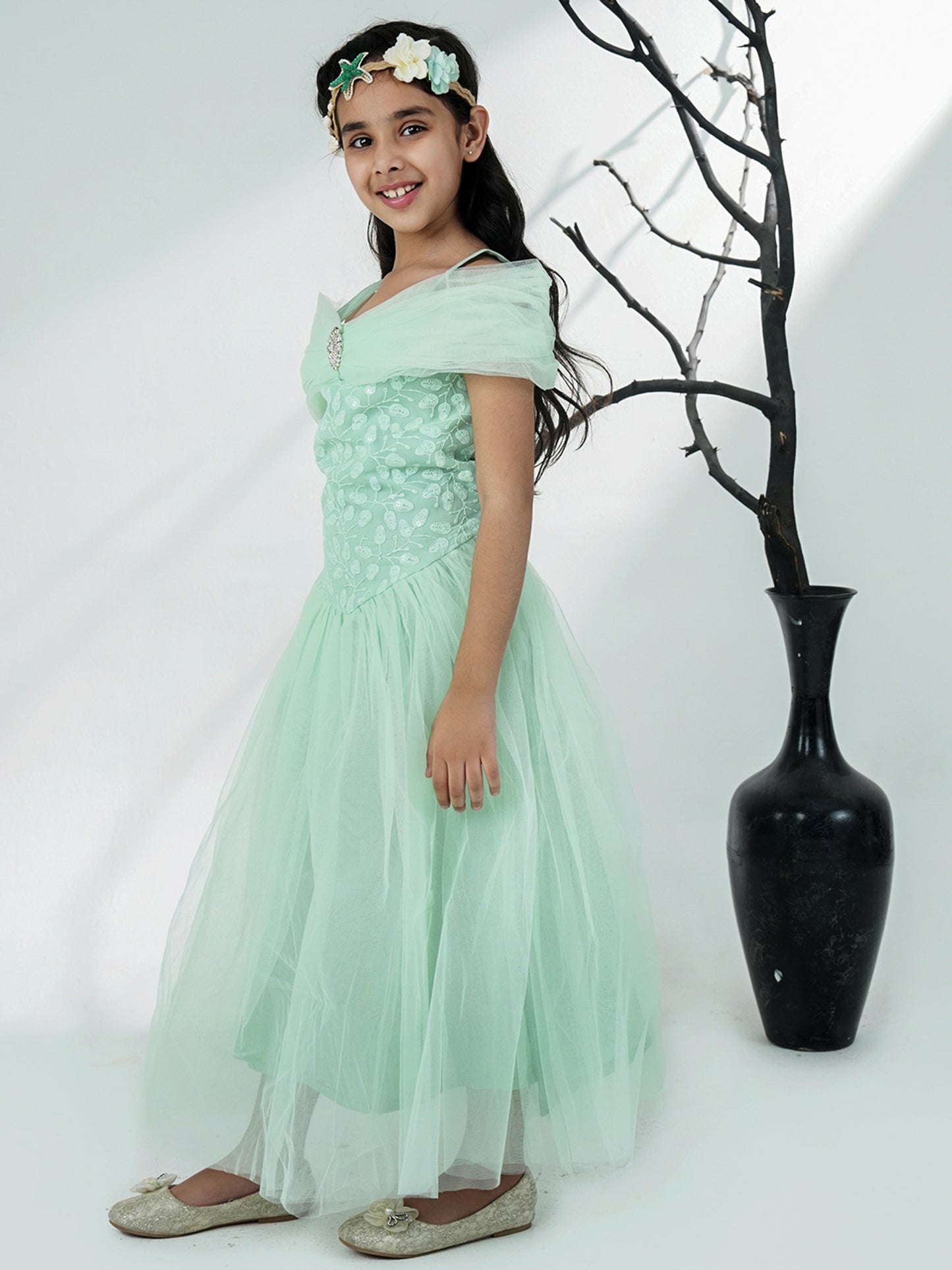Aj Dezines Sea Green Net Sleeveless Embroidered Gown with Brooch