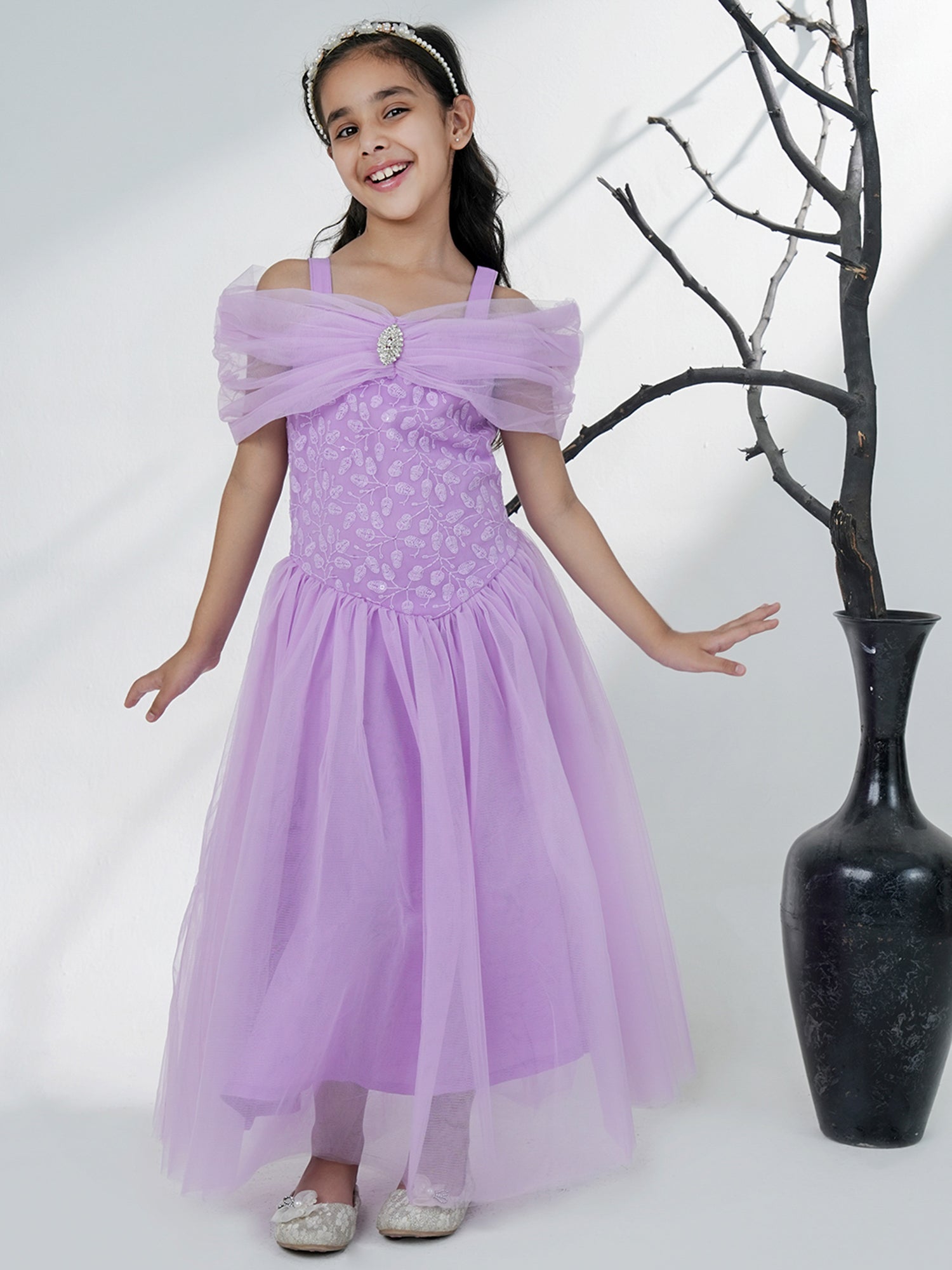 Lavender Net Sleeveless Embroidered Gown with Brooch