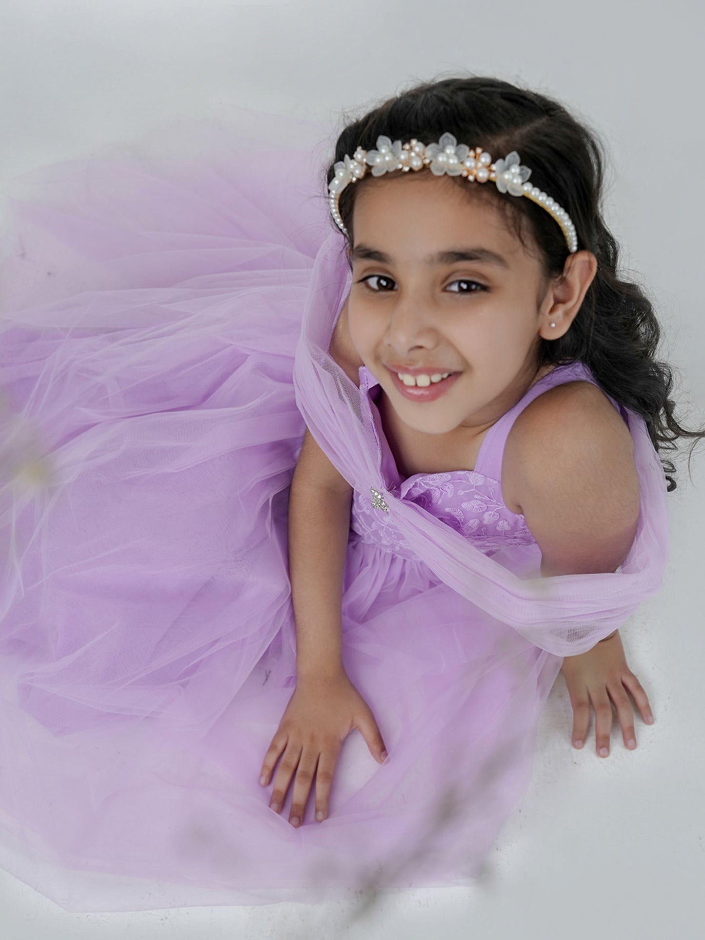 Aj Dezines Lavender Net Sleeveless Embroidered Gown with Brooch