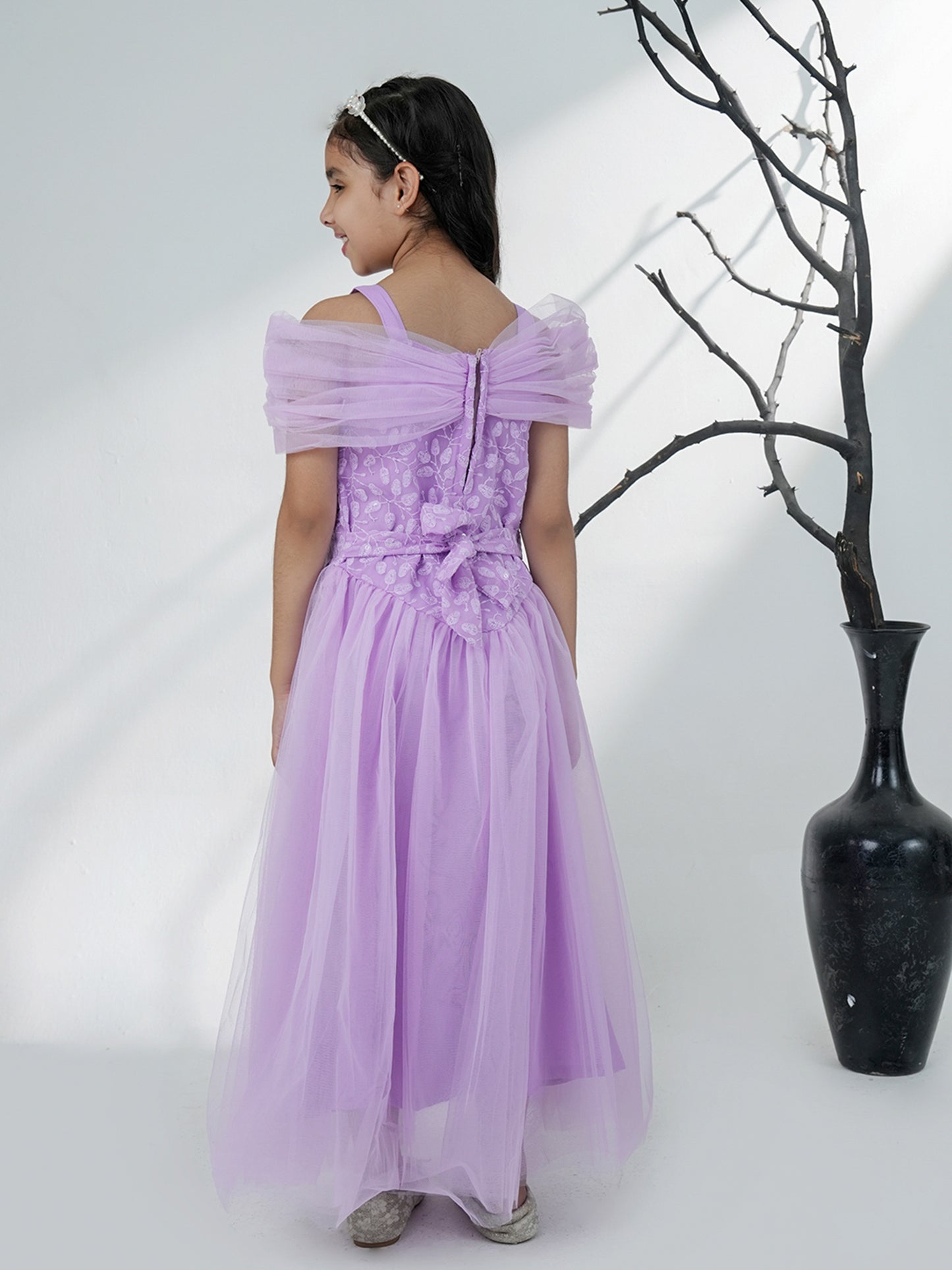 Aj Dezines Lavender Net Sleeveless Embroidered Gown with Brooch