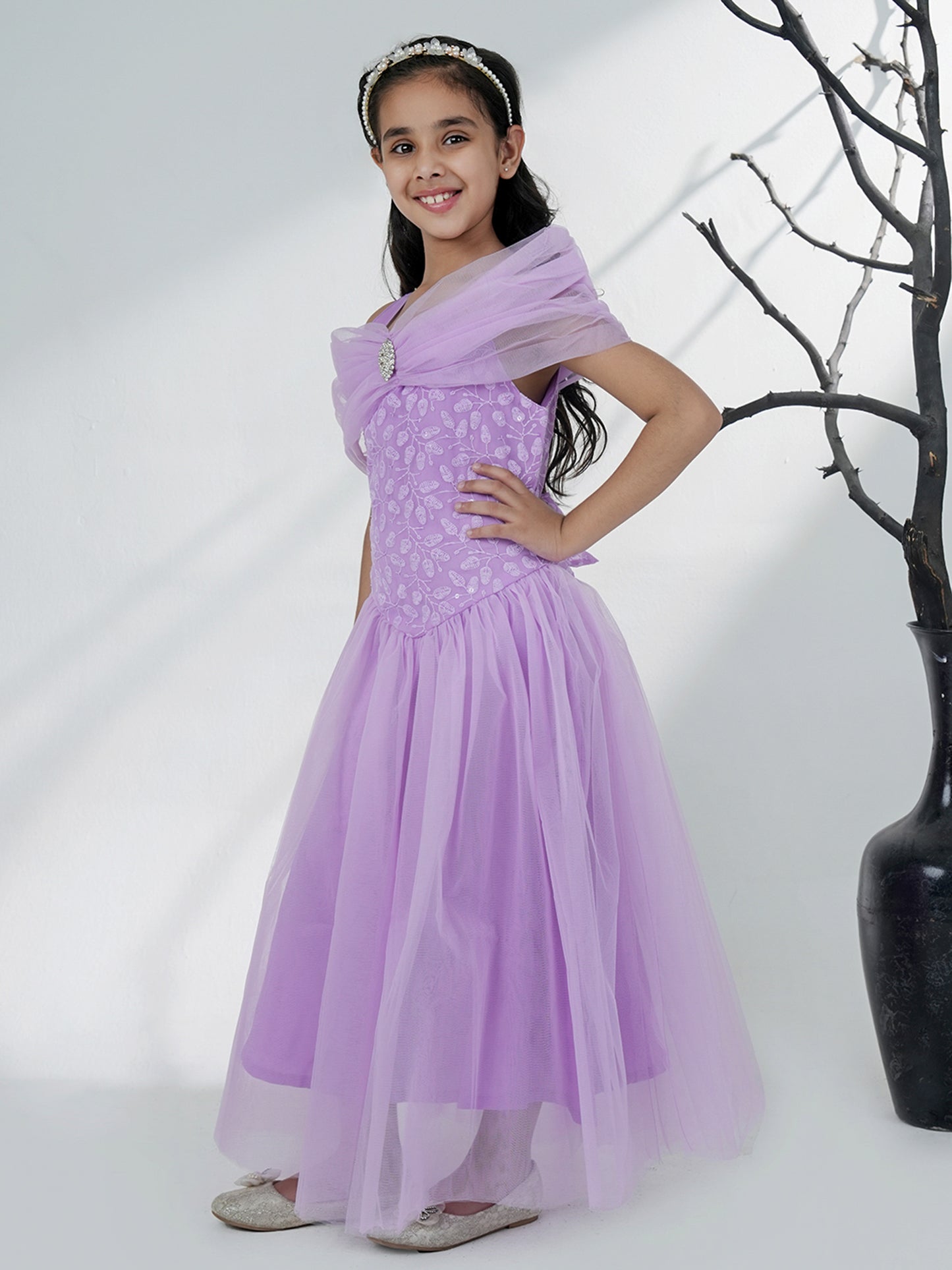 Aj Dezines Lavender Net Sleeveless Embroidered Gown with Brooch