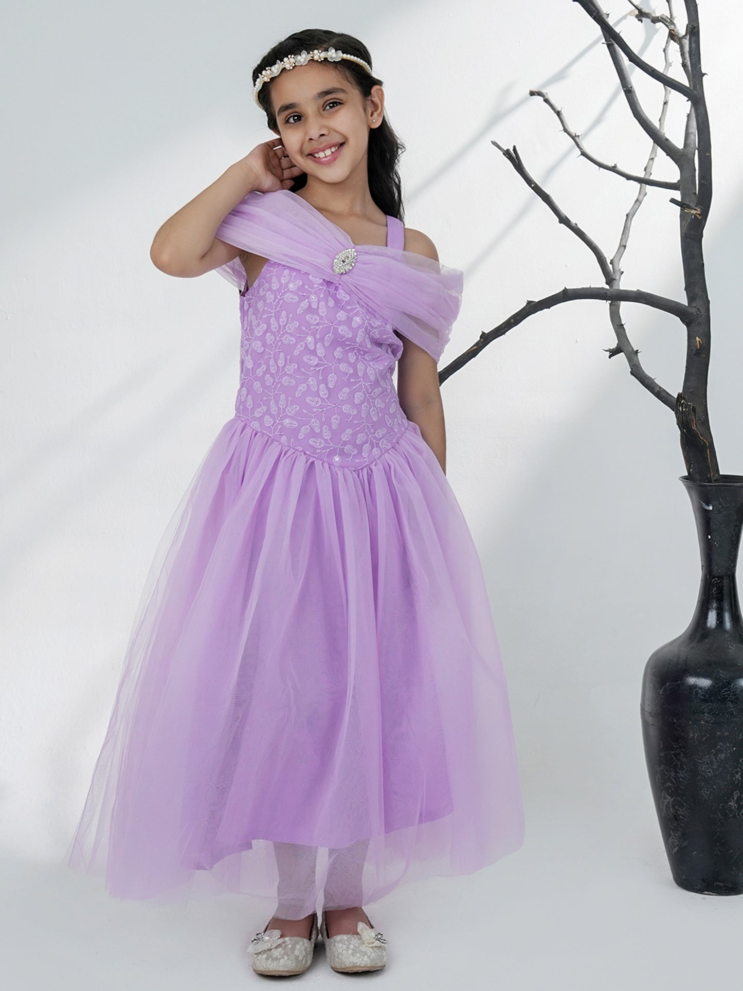 Aj Dezines Lavender Net Sleeveless Embroidered Gown with Brooch