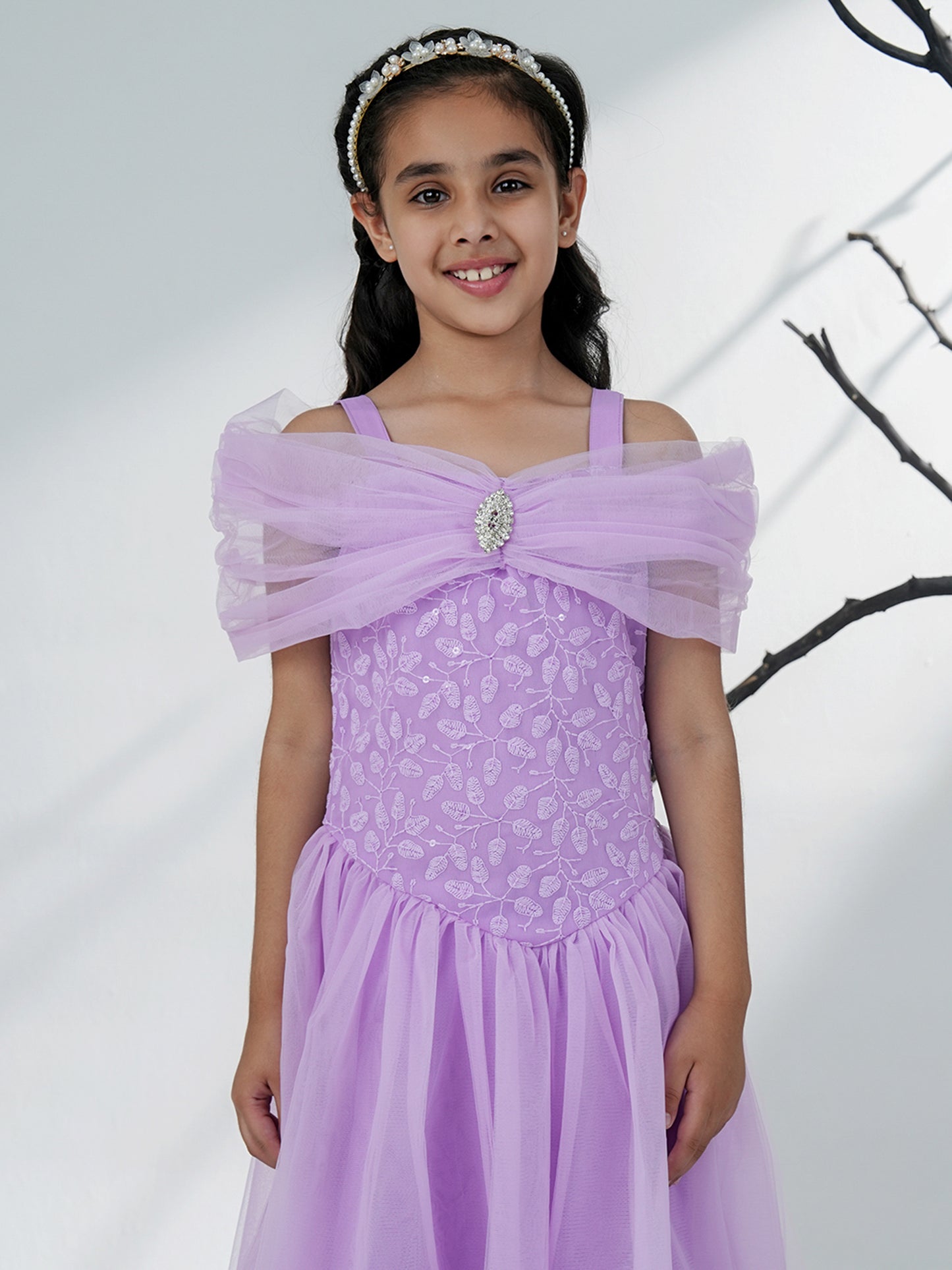 Aj Dezines Lavender Net Sleeveless Embroidered Gown with Brooch