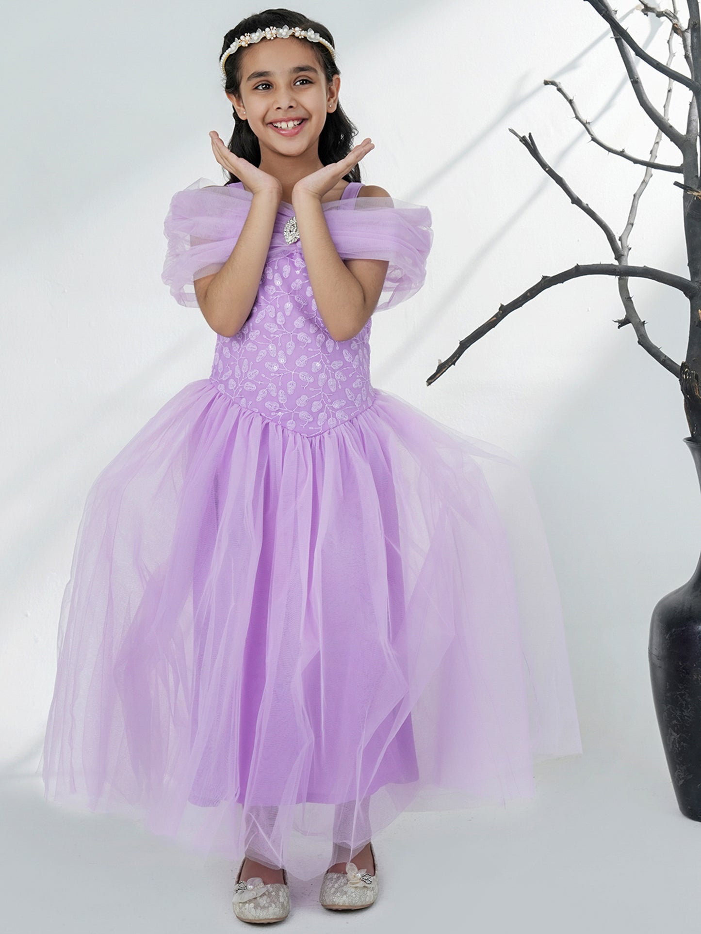 Aj Dezines Lavender Net Sleeveless Embroidered Gown with Brooch