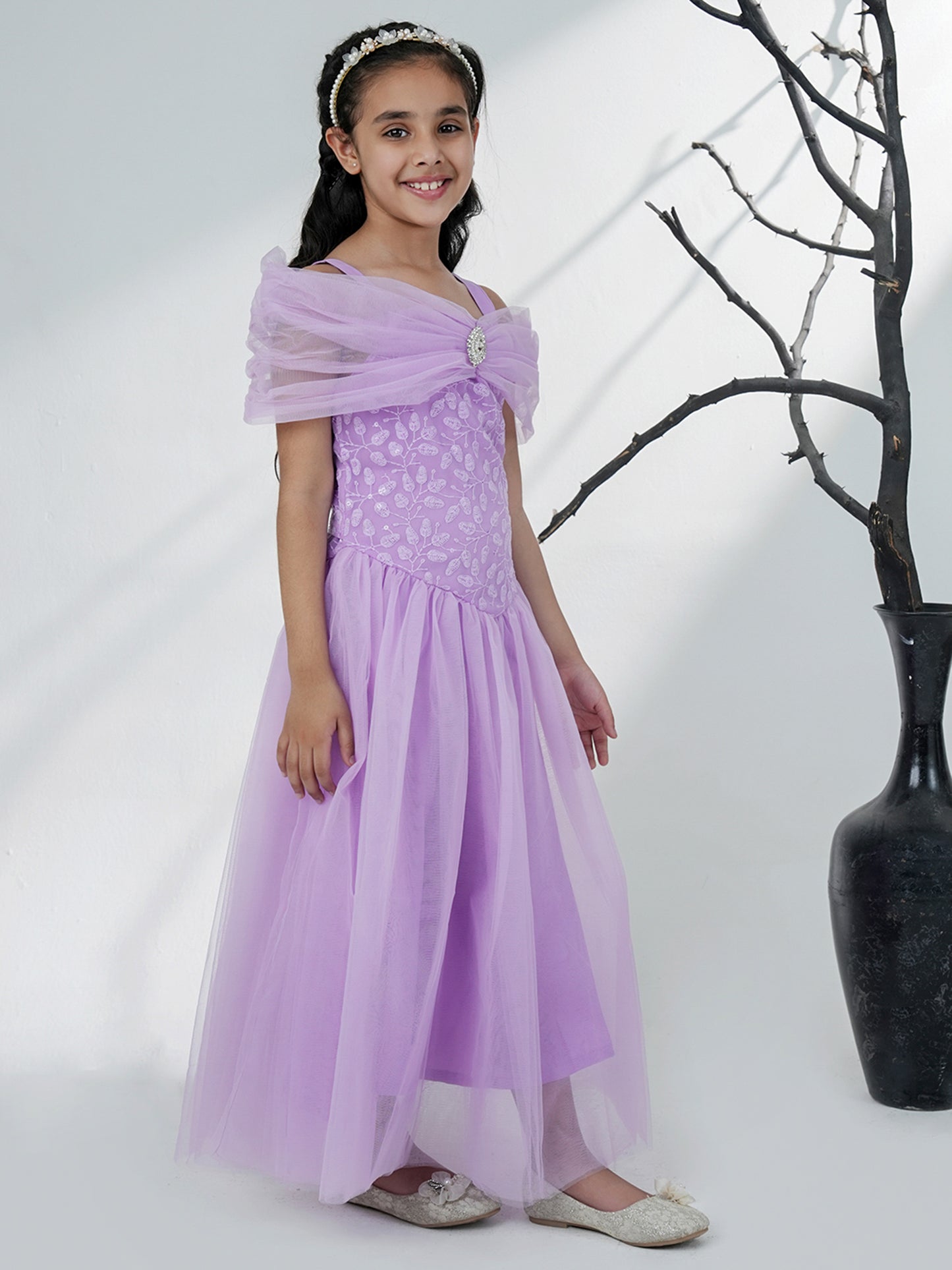 Aj Dezines Lavender Net Sleeveless Embroidered Gown with Brooch
