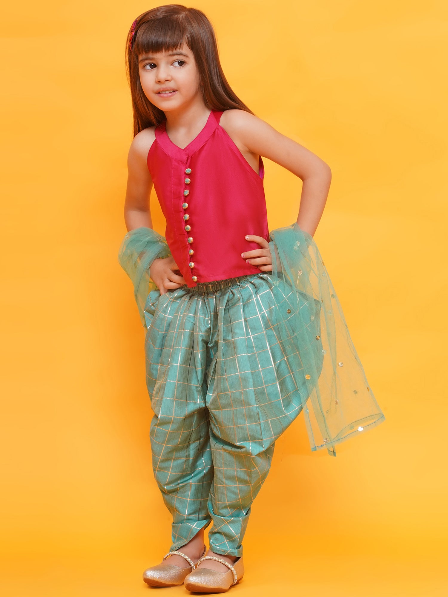 Dark Pink-Blue Shinny Silk Blend Sleeveless Check Pattern Print Indo Western For Girls - AJ Dezines