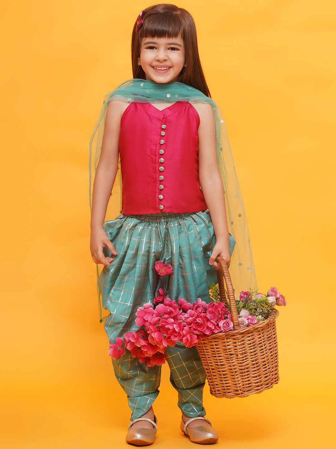 DARK PINK-BLUE Shinny Silk blend Sleeveless Check Pattern Print Indo Western for Girls