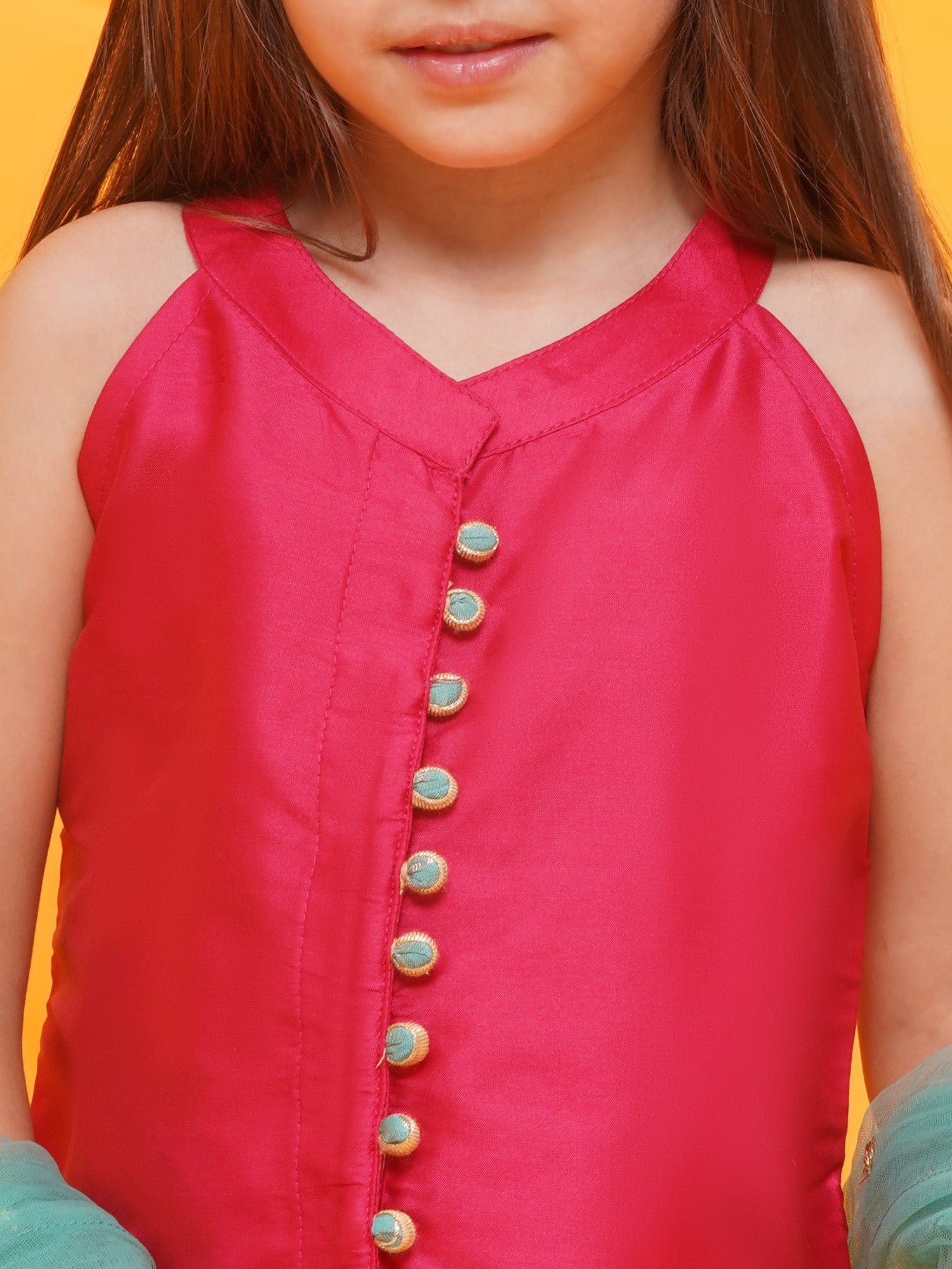 Dark Pink-Blue Shinny Silk Blend Sleeveless Check Pattern Print Indo Western For Girls - AJ Dezines