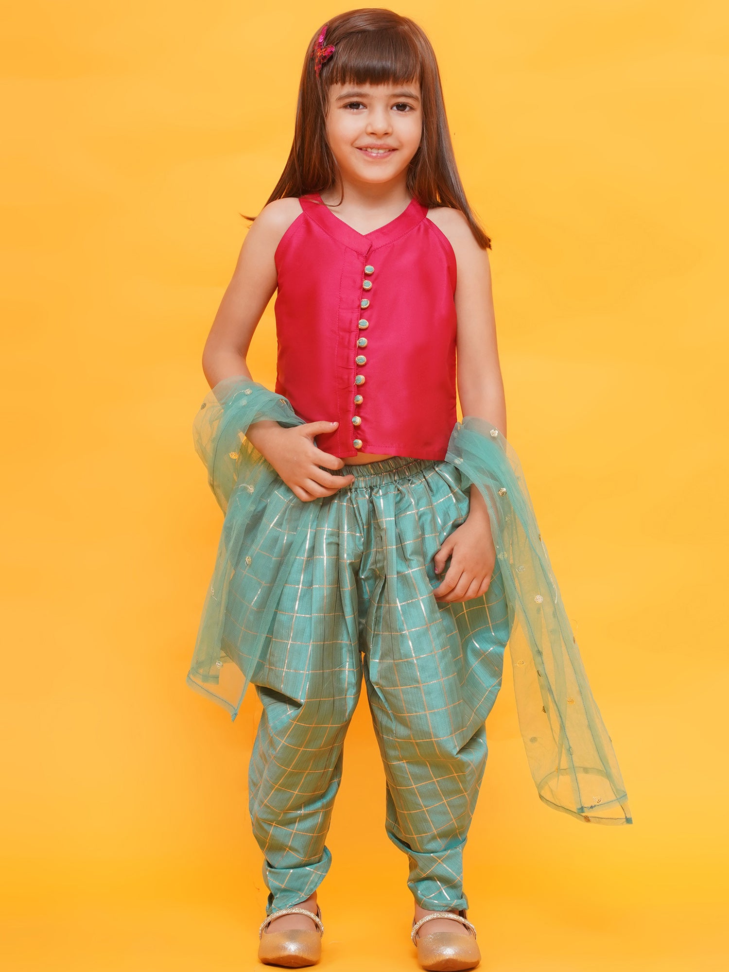 Dark Pink-Blue Shinny Silk Blend Sleeveless Check Pattern Print Indo Western For Girls - AJ Dezines