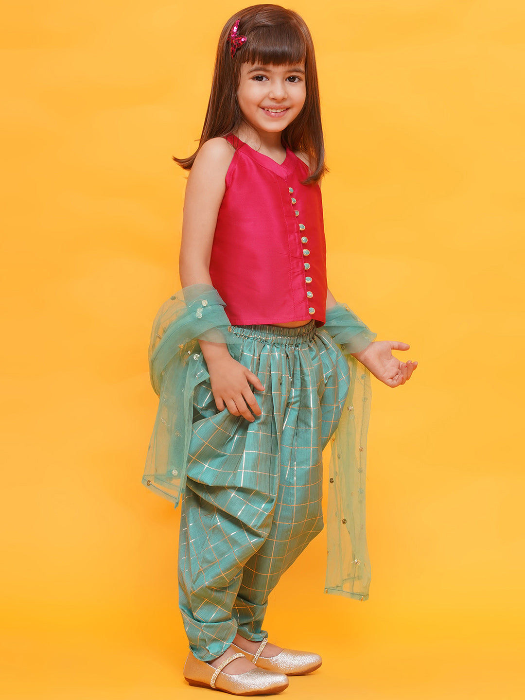 DARK PINK-BLUE Shinny Silk blend Sleeveless Check Pattern Print Indo Western for Girls