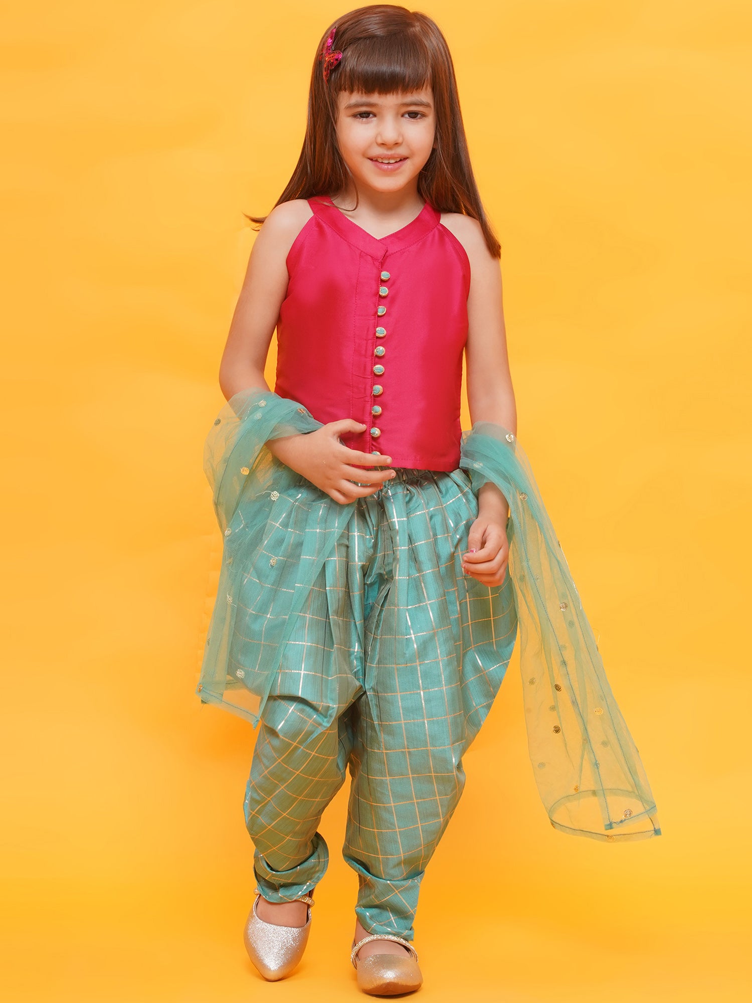 Dark Pink-Blue Shinny Silk Blend Sleeveless Check Pattern Print Indo Western For Girls - AJ Dezines