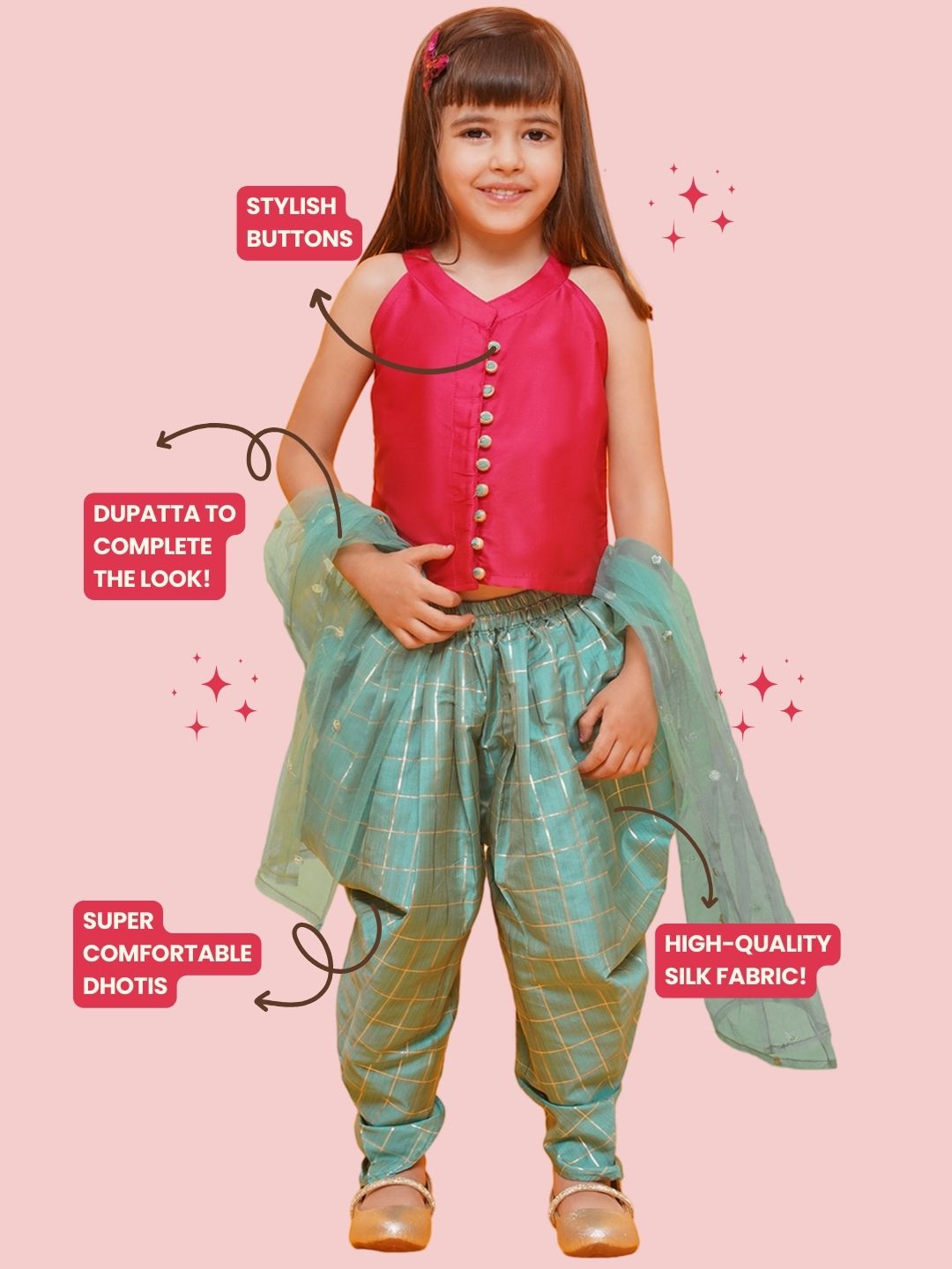 DARK PINK-BLUE Shinny Silk blend Sleeveless Check Pattern Print Indo Western for Girls