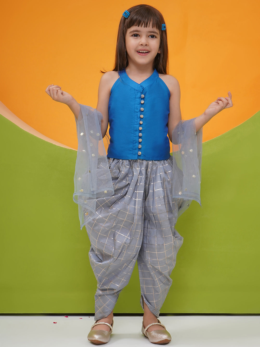 DARK BLUE-GREY Silk blend Sleeveless Check Pattern Print Indo Western for Girls