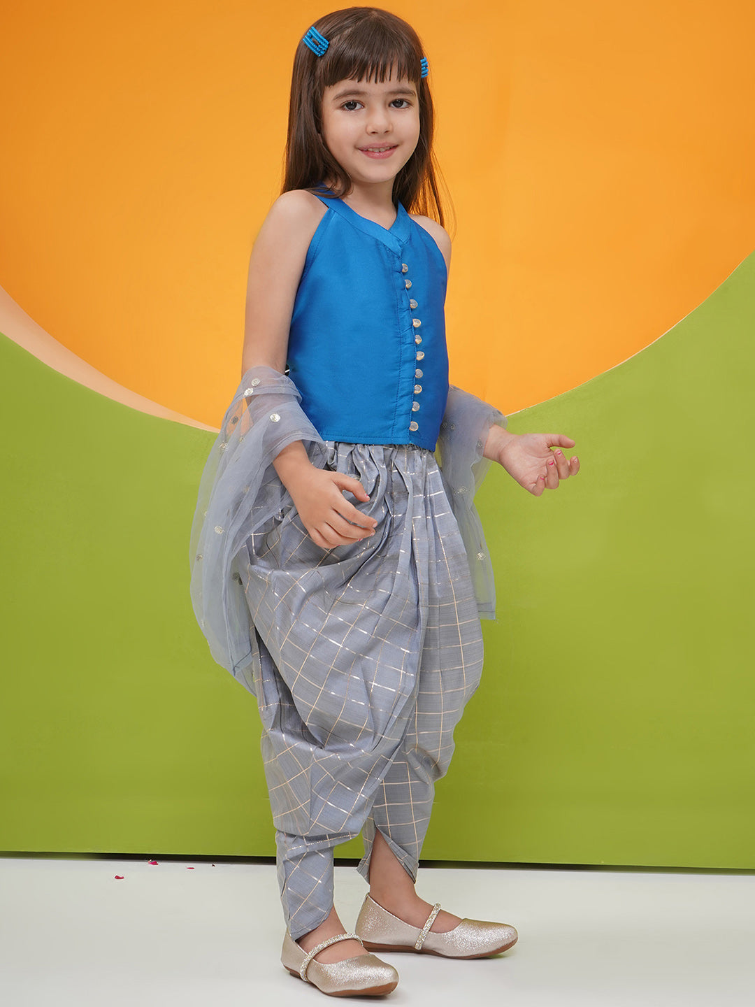 DARK BLUE-GREY Silk blend Sleeveless Check Pattern Print Indo Western for Girls