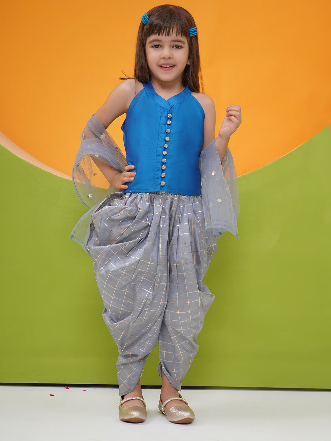 DARK BLUE-GREY Silk blend Sleeveless Check Pattern Print Indo Western for Girls