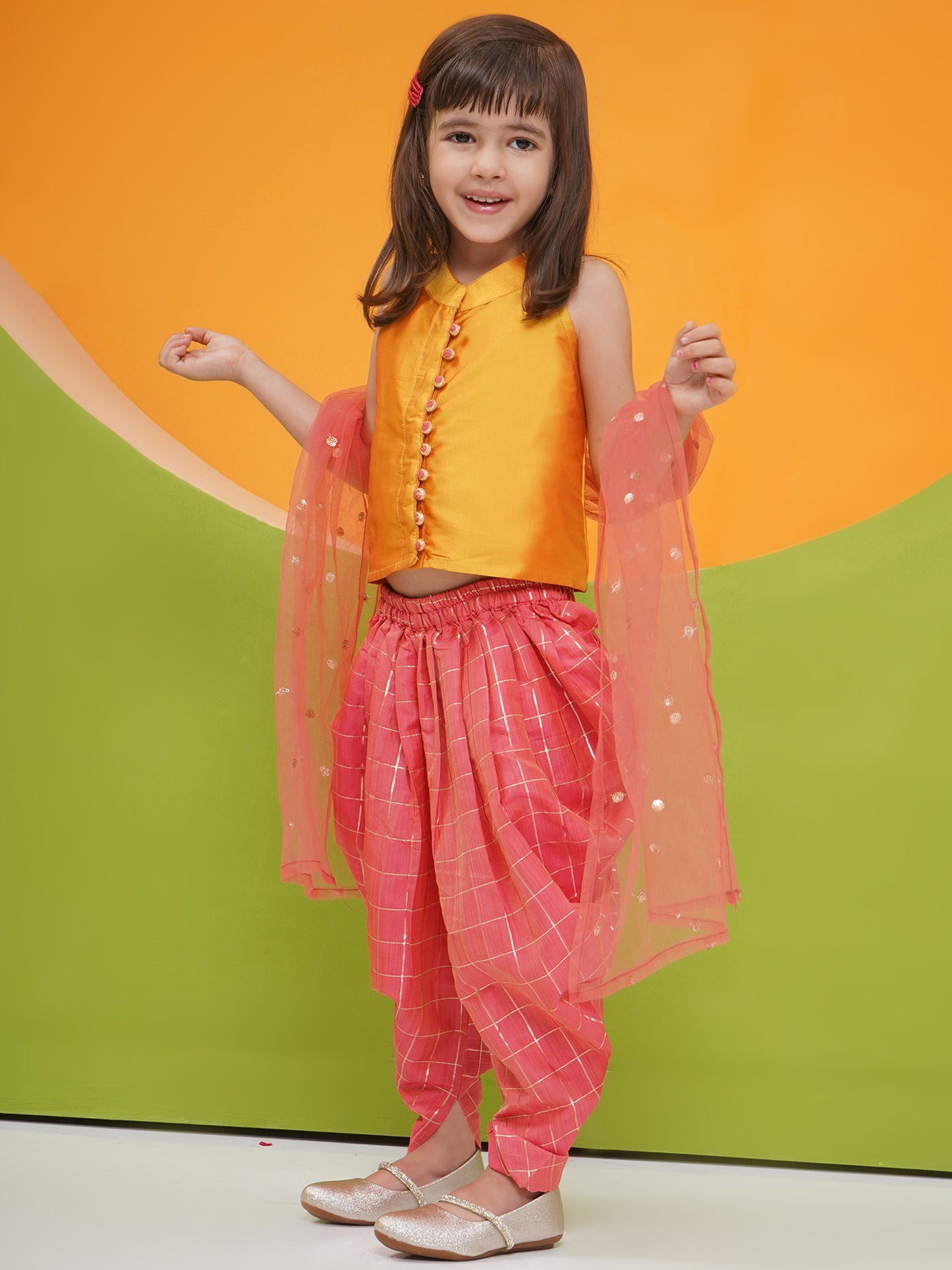 Aj Dezines Lime Green-Pink Shinny Silk Blend Sleeveless Check Pattern Print Indo Western For Girls