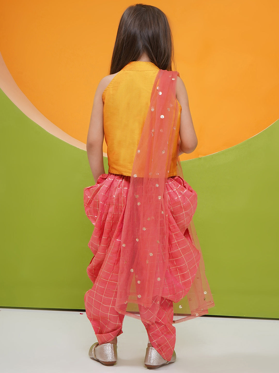 MUSTARD-PINK Silk blend Sleeveless Check Pattern Print Indo Western for Girls