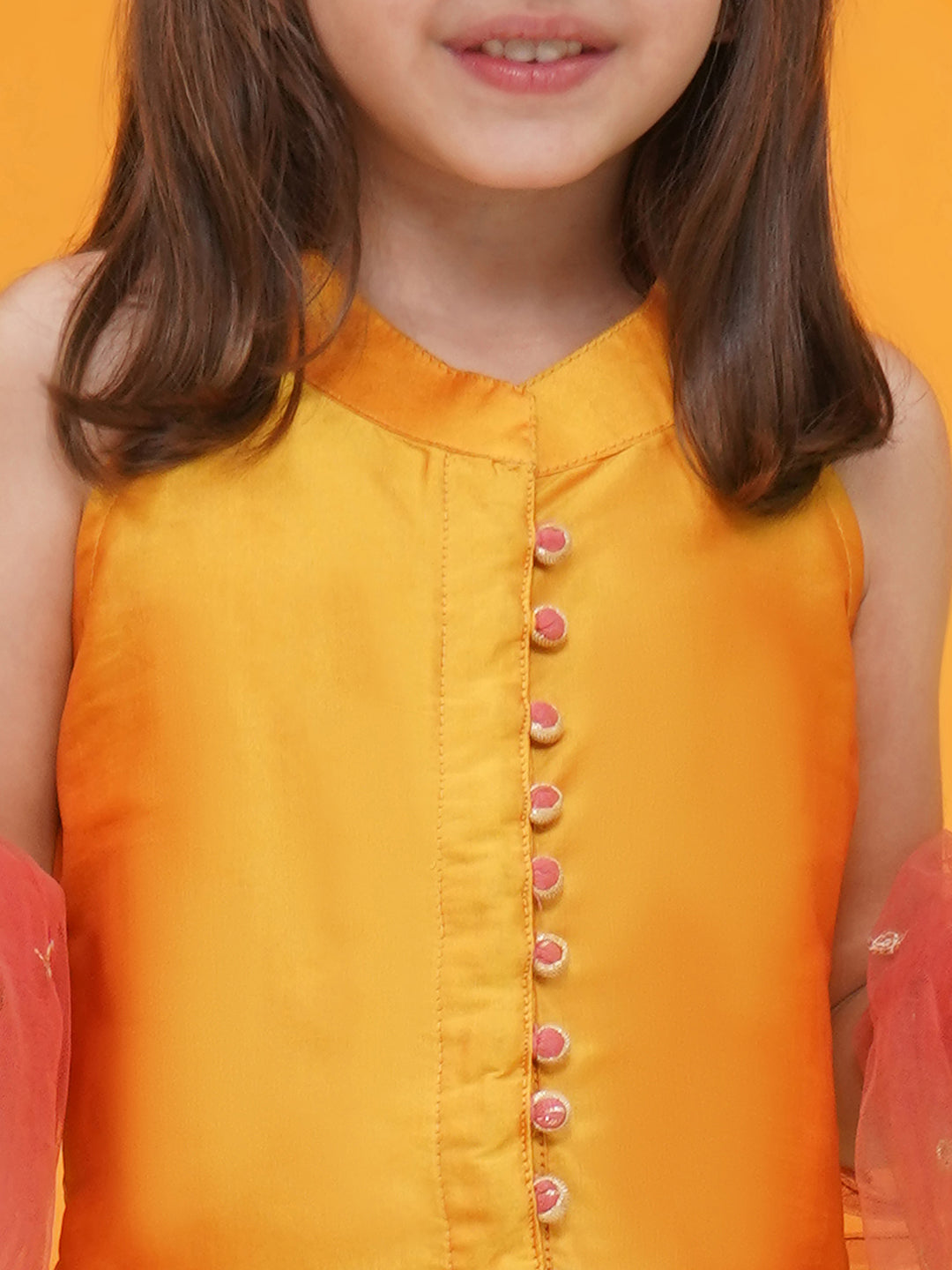 MUSTARD-PINK Silk blend Sleeveless Check Pattern Print Indo Western for Girls