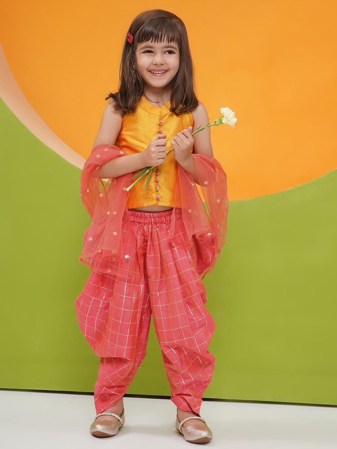 MUSTARD-PINK Silk blend Sleeveless Check Pattern Print Indo Western for Girls