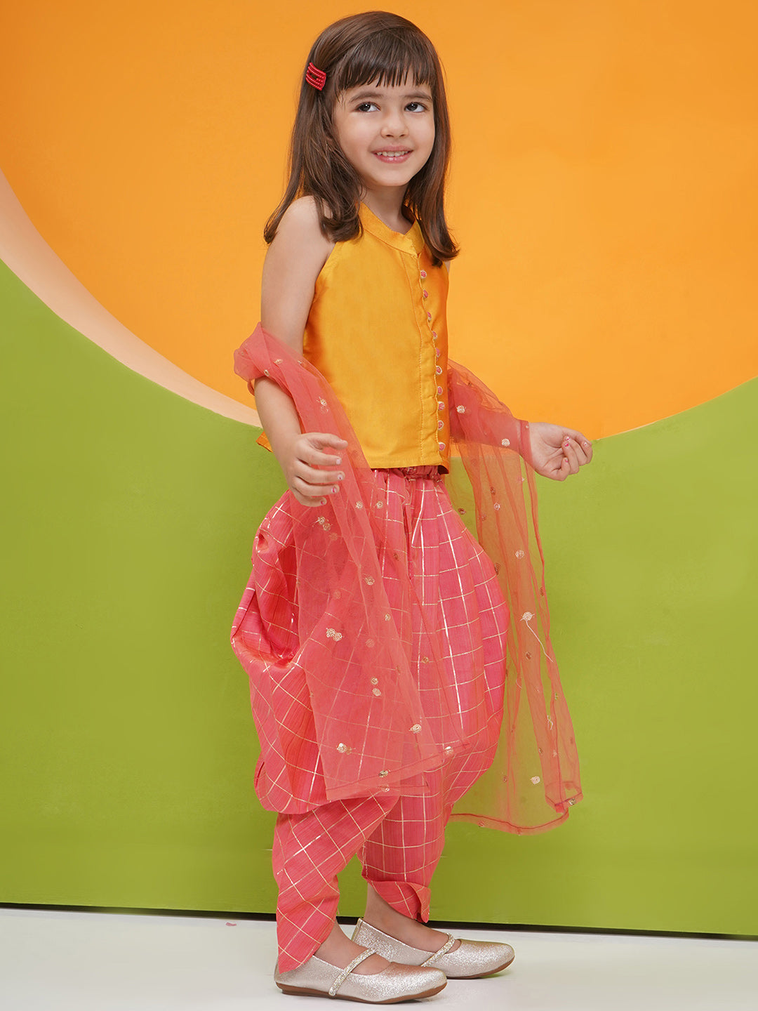 MUSTARD-PINK Silk blend Sleeveless Check Pattern Print Indo Western for Girls