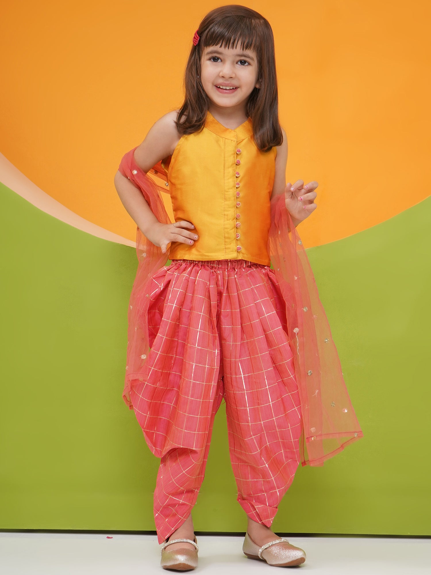 Mustard-Pink Silk Blend Sleeveless Check Pattern Print Indo Western For Girls - AJ Dezines