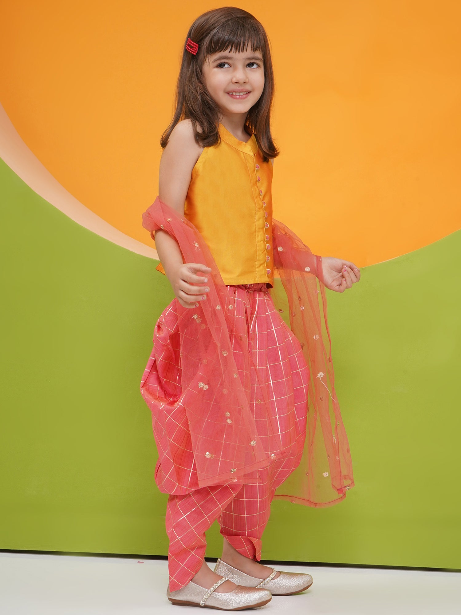 Mustard-Pink Silk Blend Sleeveless Check Pattern Print Indo Western For Girls - AJ Dezines