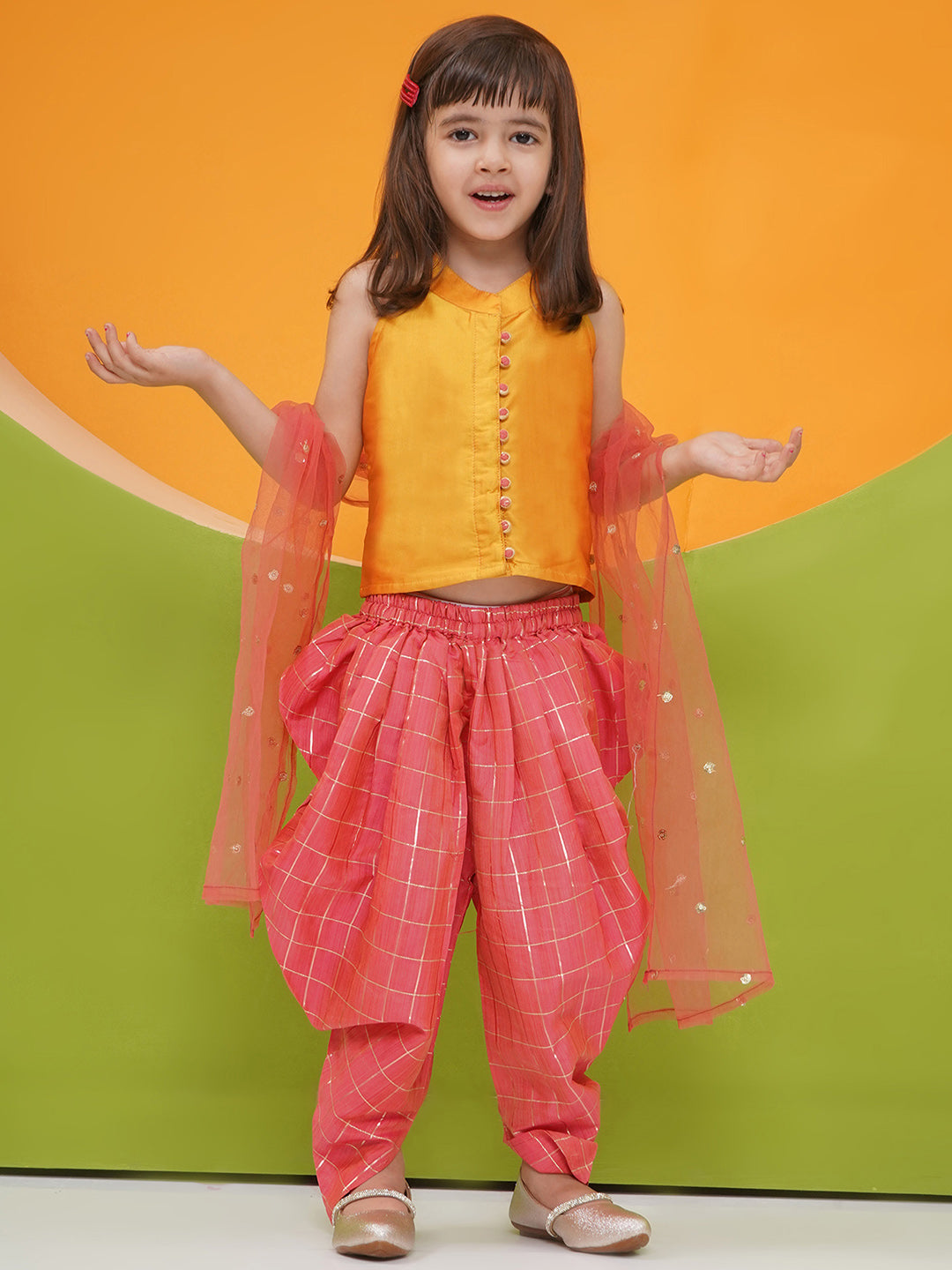 MUSTARD-PINK Silk blend Sleeveless Check Pattern Print Indo Western for Girls