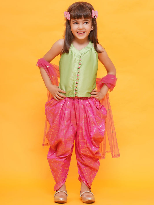 LIME GREEN-PINK Shinny Silk blend Sleeveless Check Pattern Print Indo Western for Girls