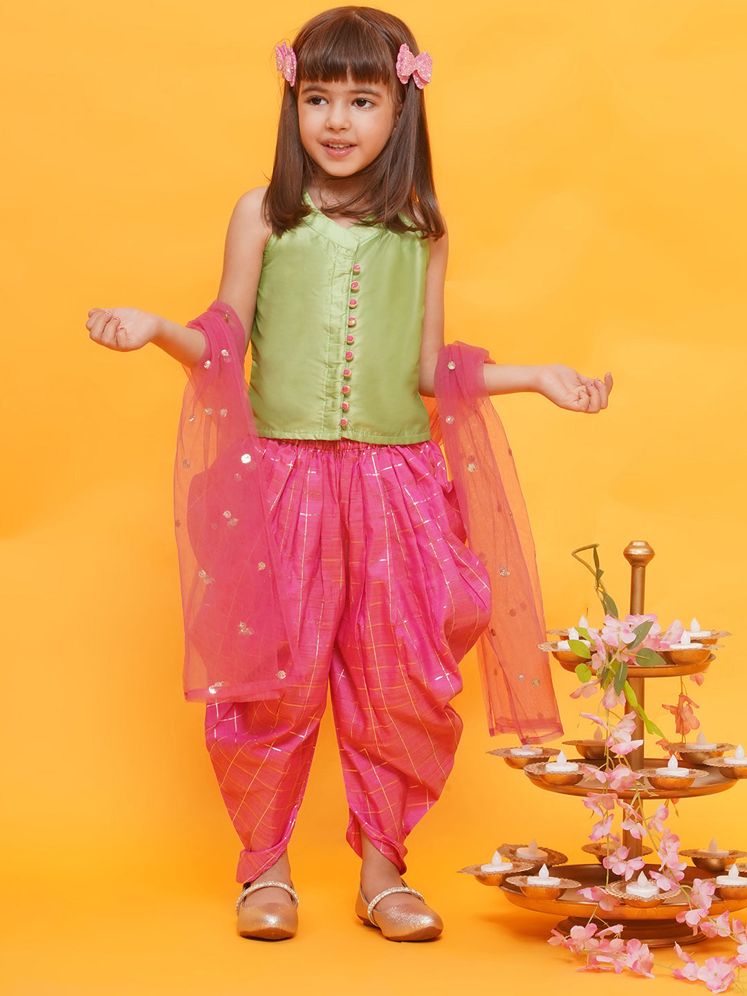 LIME GREEN-PINK Shinny Silk blend Sleeveless Check Pattern Print Indo Western for Girls