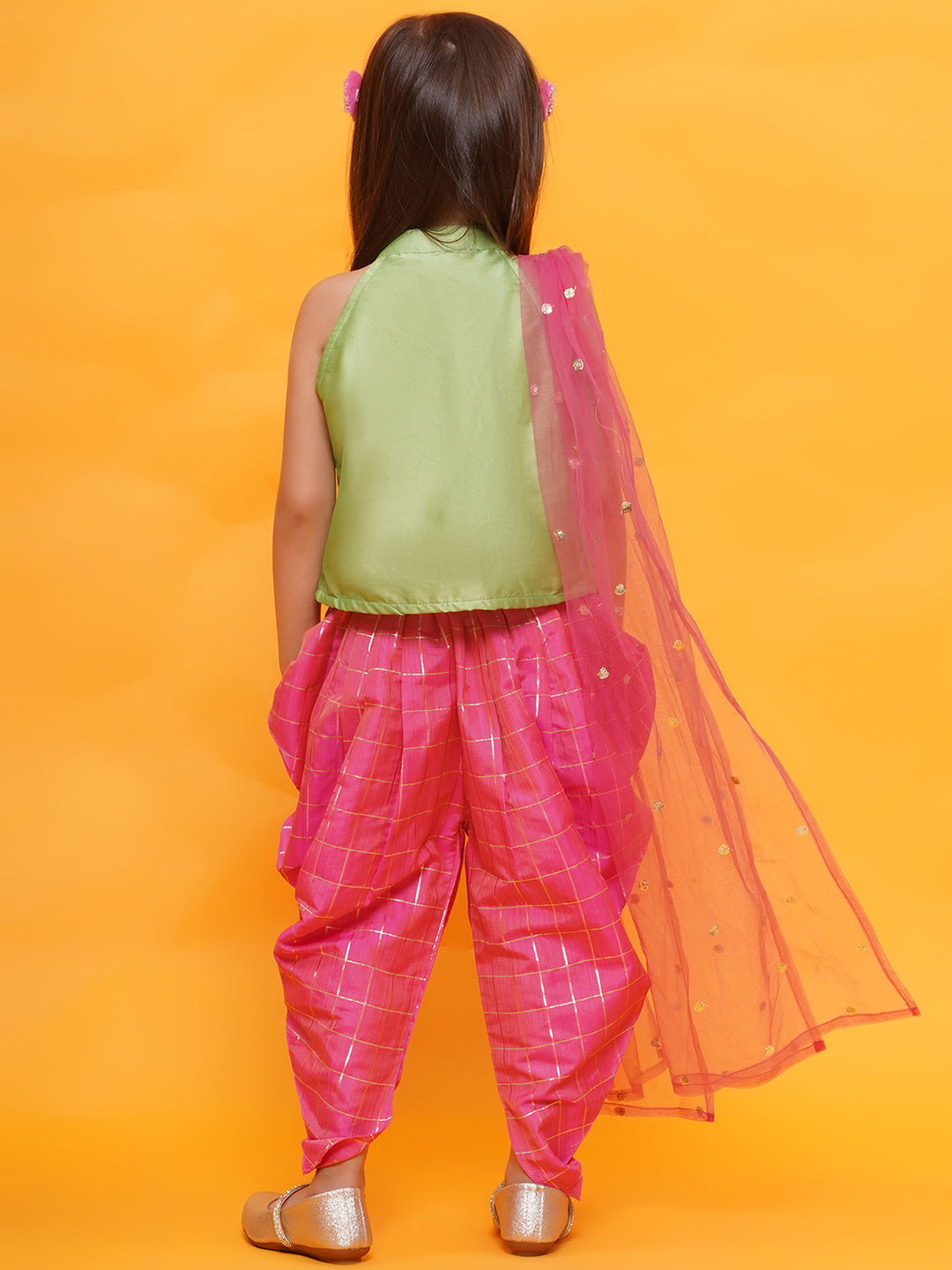 LIME GREEN-PINK Shinny Silk blend Sleeveless Check Pattern Print Indo Western for Girls