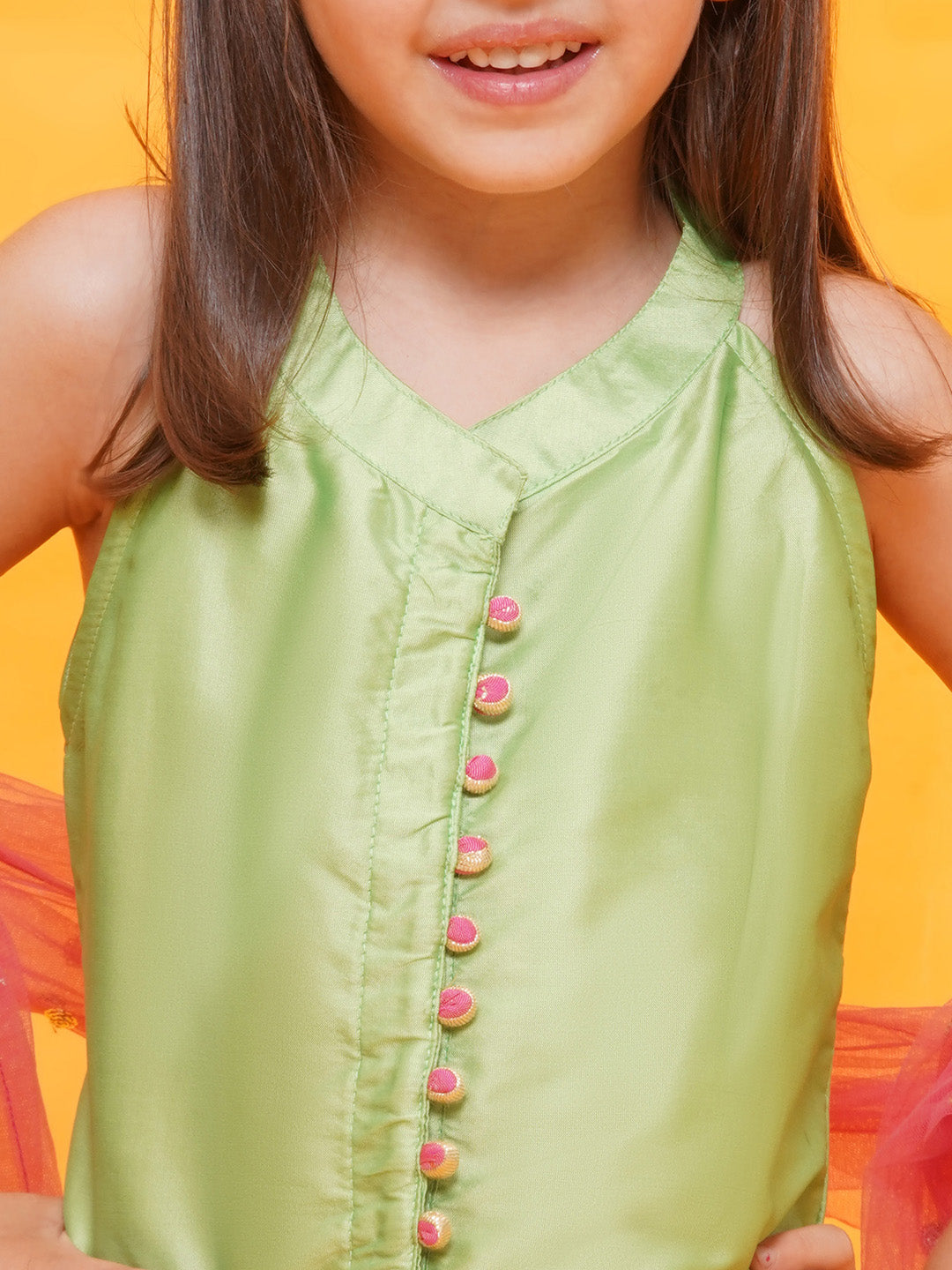 LIME GREEN-PINK Shinny Silk blend Sleeveless Check Pattern Print Indo Western for Girls