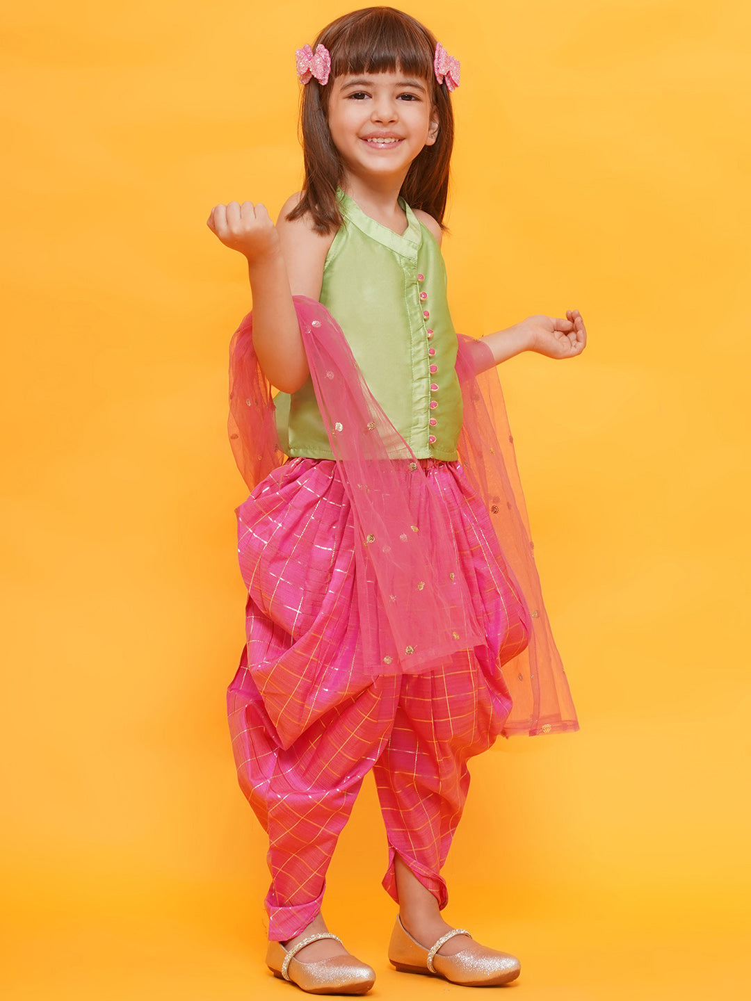 LIME GREEN-PINK Shinny Silk blend Sleeveless Check Pattern Print Indo Western for Girls