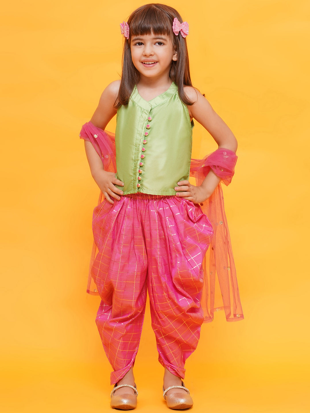 LIME GREEN-PINK Shinny Silk blend Sleeveless Check Pattern Print Indo Western for Girls