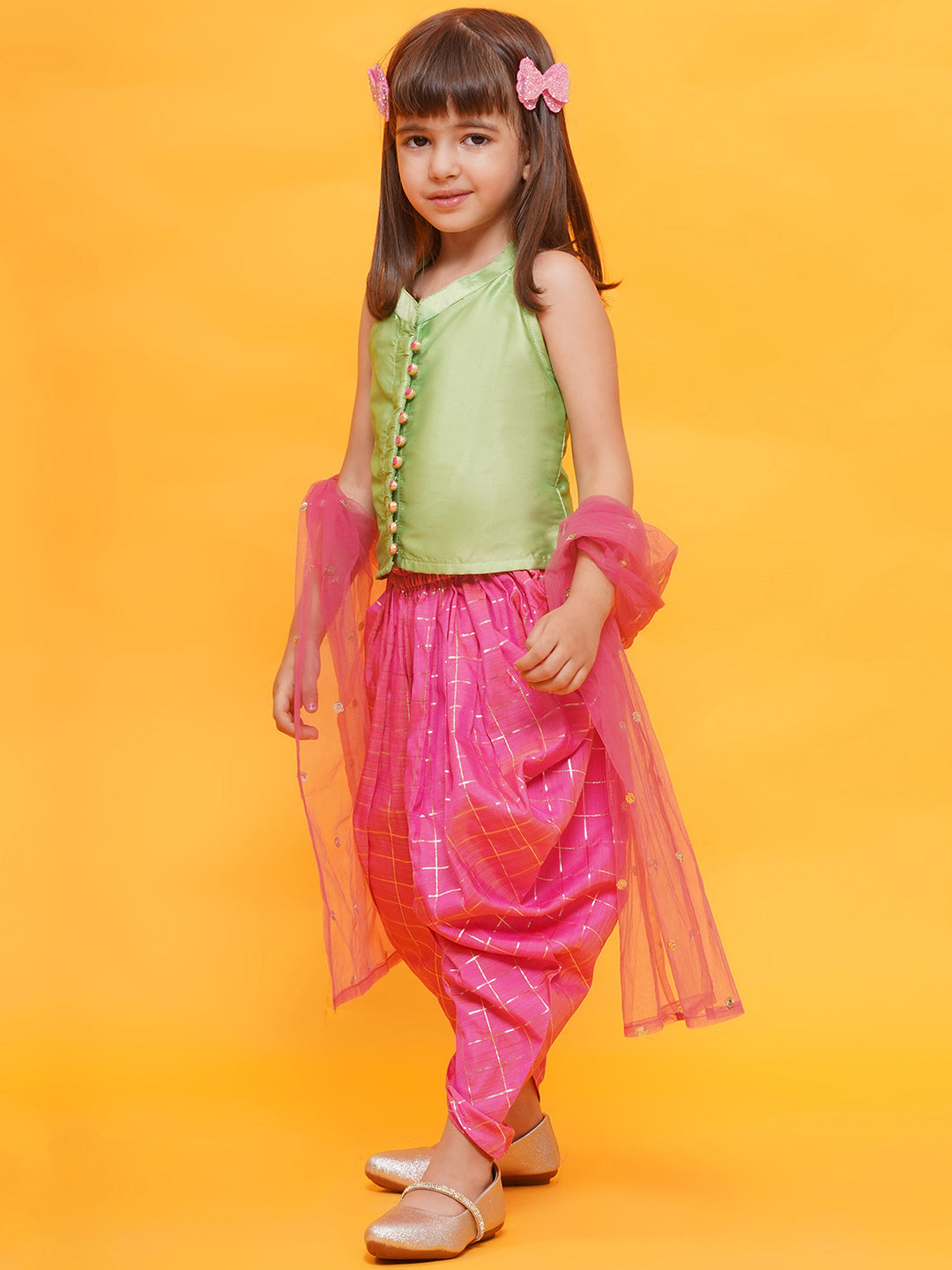 LIME GREEN-PINK Shinny Silk blend Sleeveless Check Pattern Print Indo Western for Girls