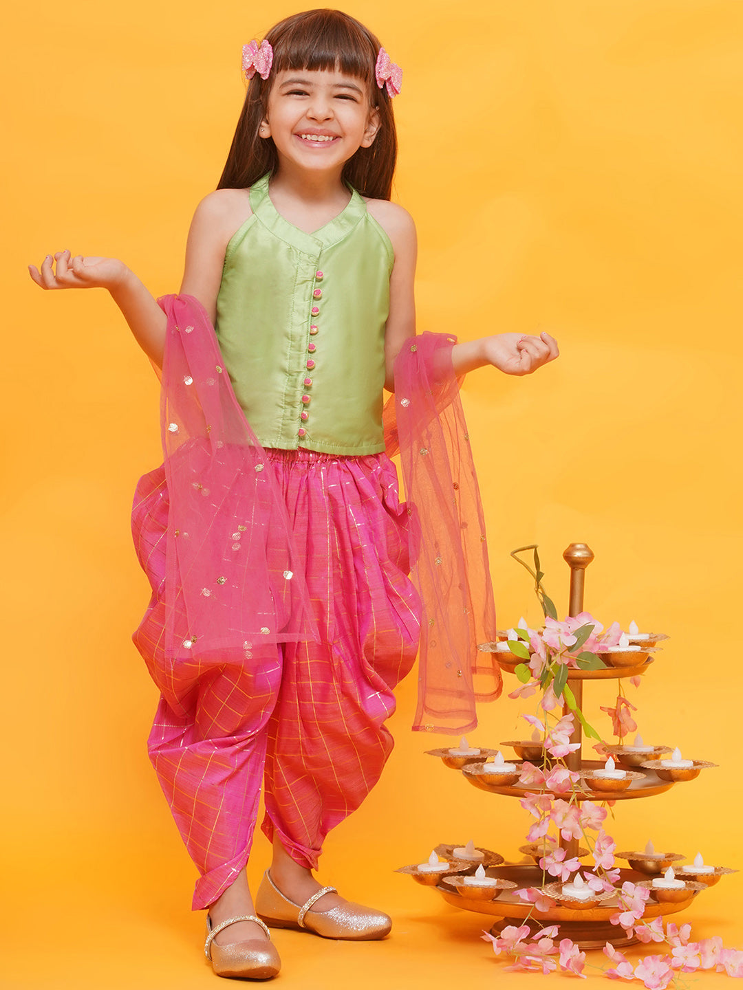 LIME GREEN-PINK Shinny Silk blend Sleeveless Check Pattern Print Indo Western for Girls