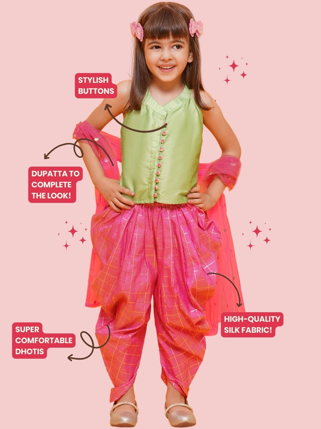 LIME GREEN-PINK Shinny Silk blend Sleeveless Check Pattern Print Indo Western for Girls