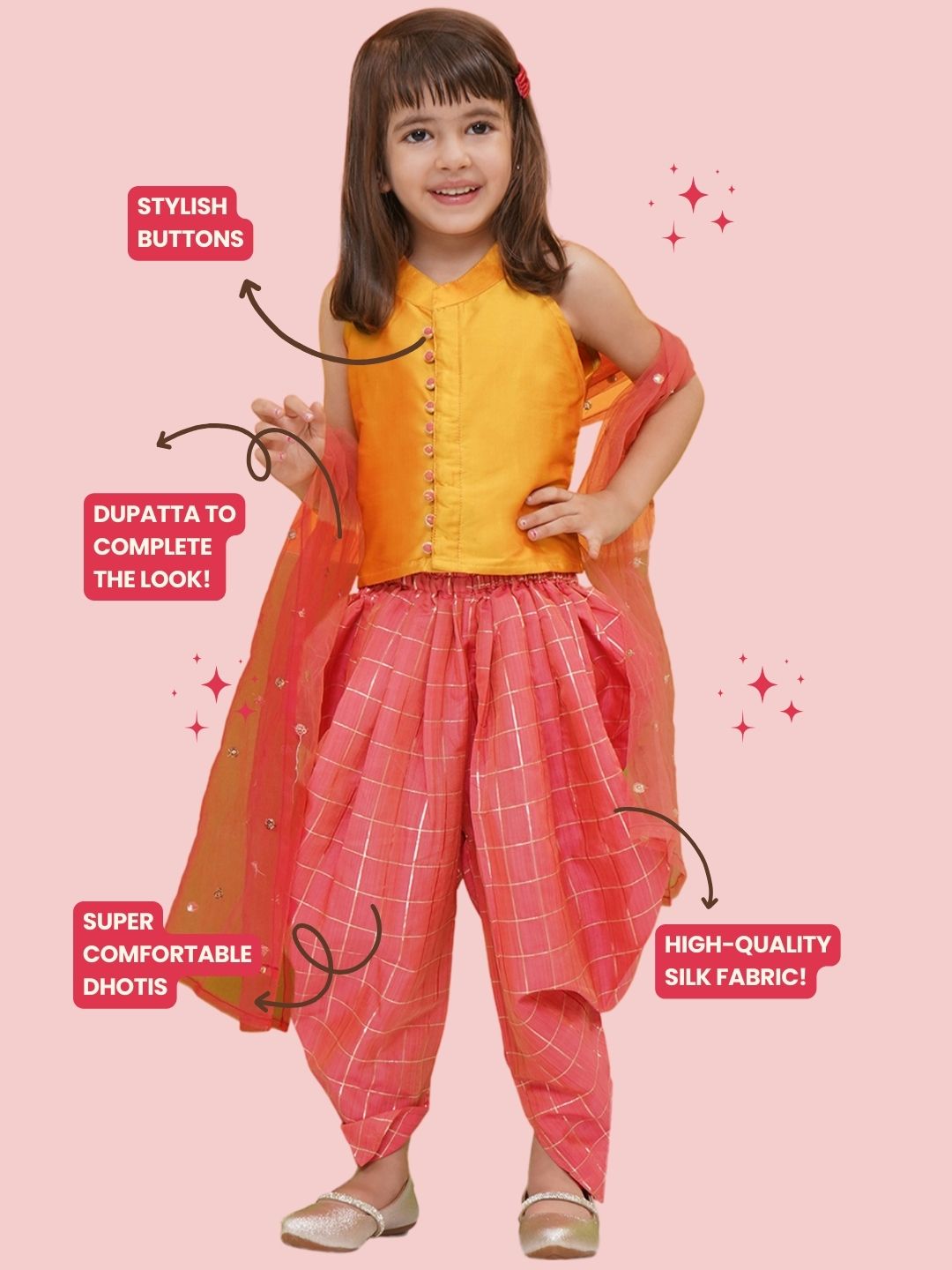 MUSTARD-PINK Silk blend Sleeveless Check Pattern Print Indo Western for Girls