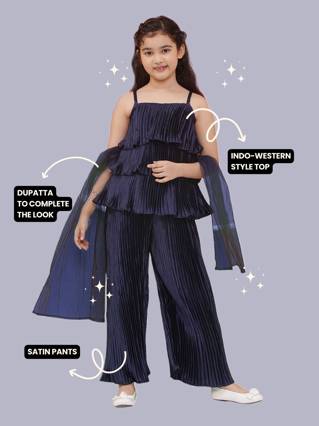 Satin Dark Blue Sleeveless Indo Western with dupatta for Girls - AJ Dezines