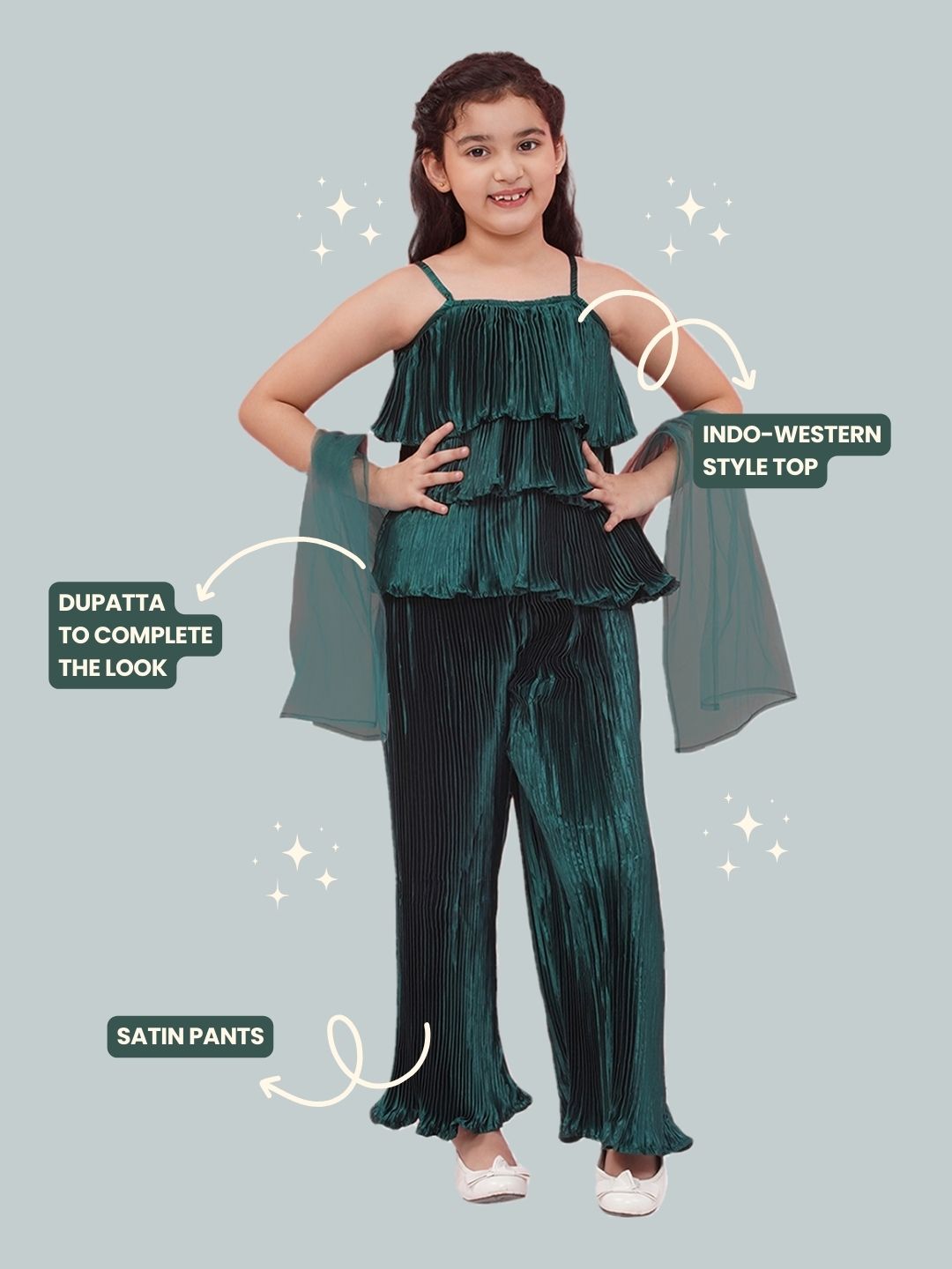 Satin Dark Green Sleeveless Indo Western with dupatta for Girls - AJ Dezines