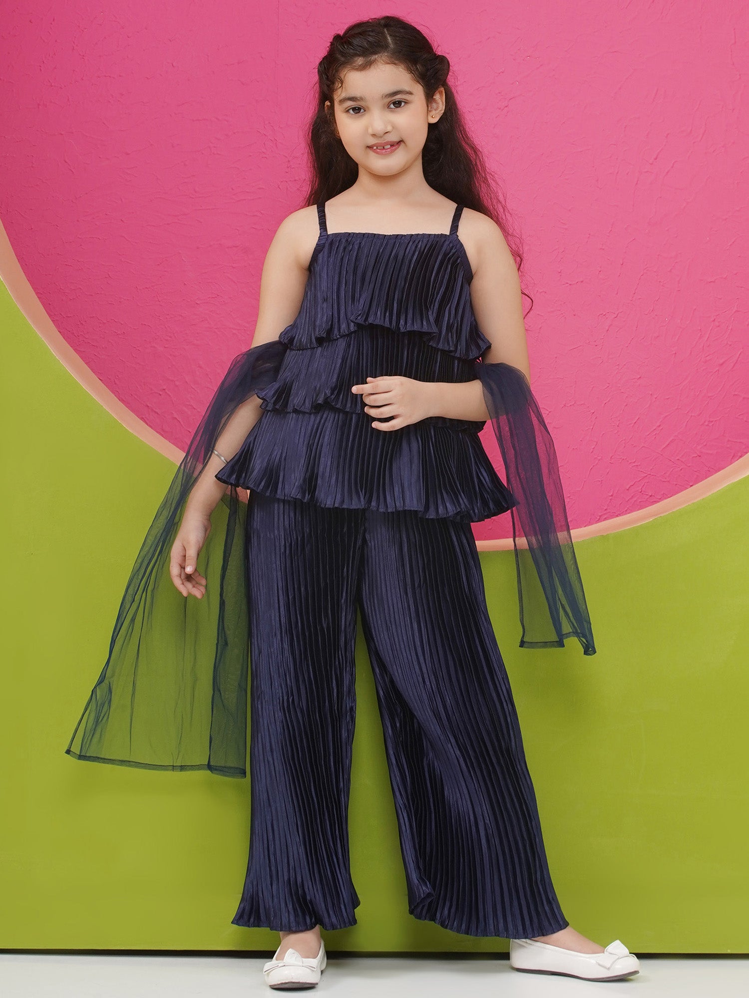 Satin Dark Blue Sleeveless Indo Western with dupatta for Girls - AJ Dezines
