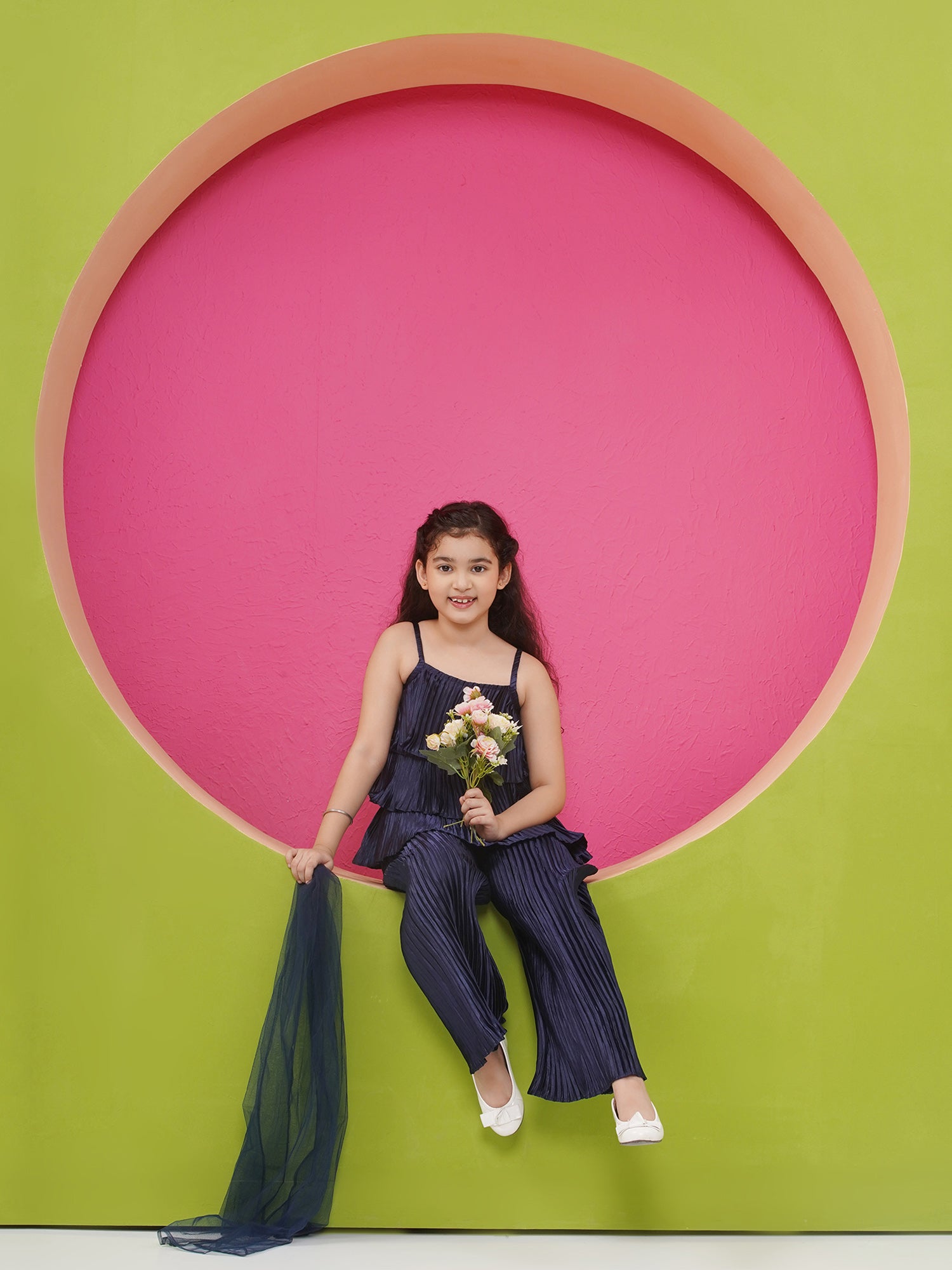 Satin Dark Blue Sleeveless Indo Western with dupatta for Girls - AJ Dezines