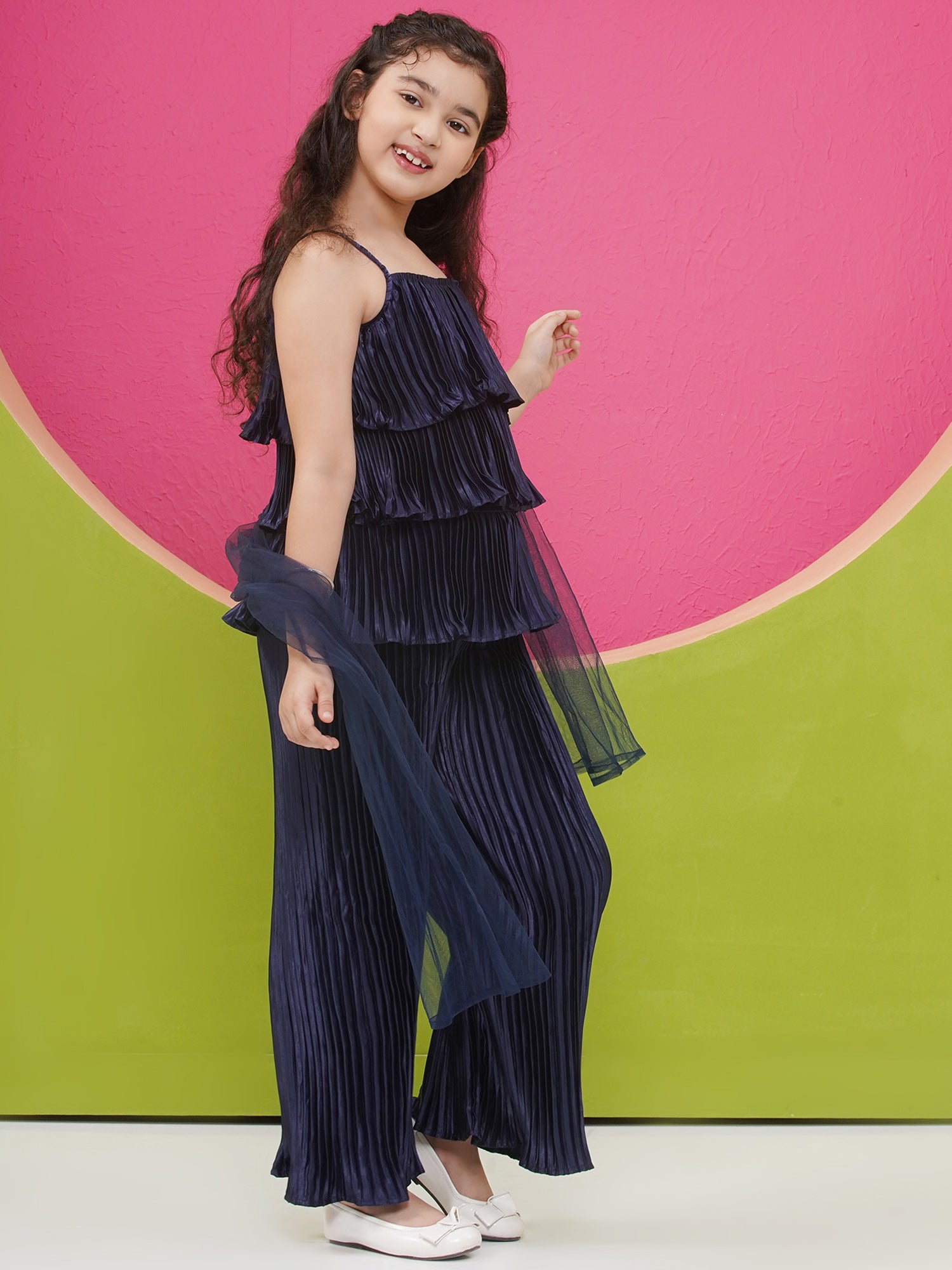 Satin Dark Blue Sleeveless Indo Western with dupatta for Girls - AJ Dezines
