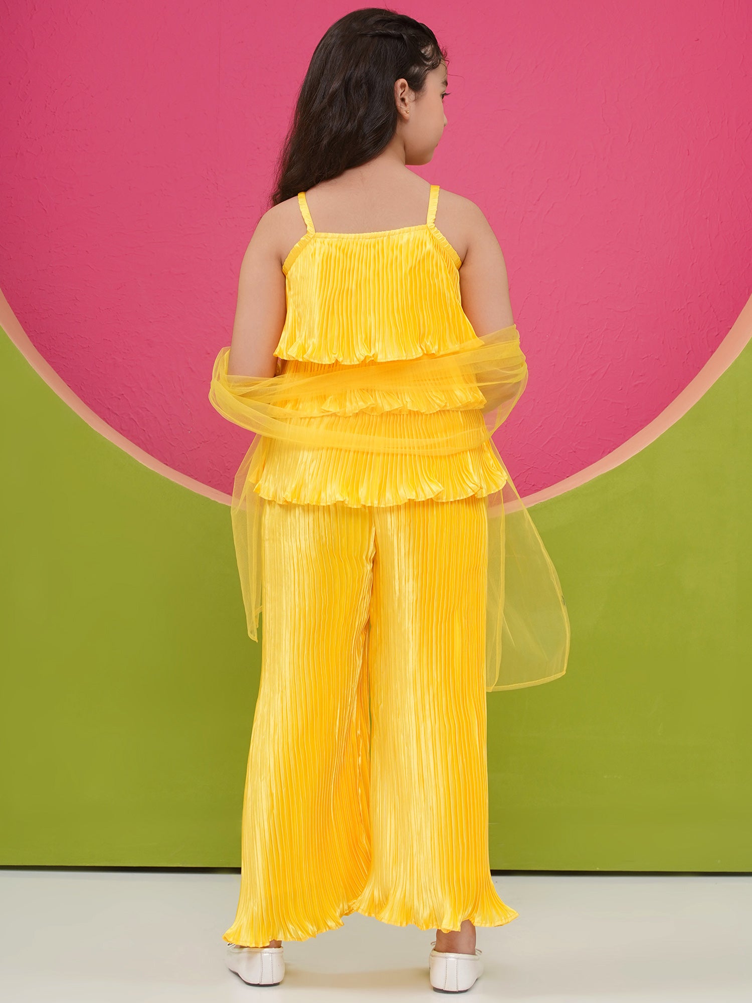 Satin Yellow Sleeveless Indo Western with dupatta for Girls - AJ Dezines