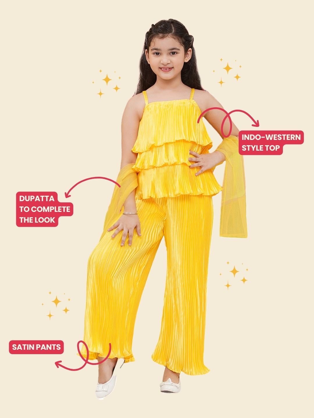 Satin Yellow Sleeveless Indo Western with dupatta for Girls - AJ Dezines