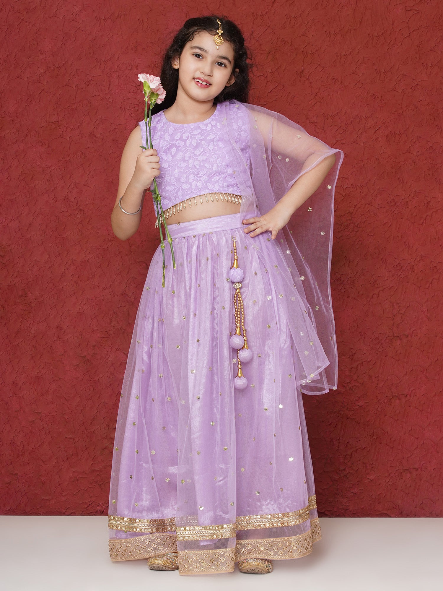 Lavender Schiffli Sleeveless Sequence Lehenga Choli For Girls